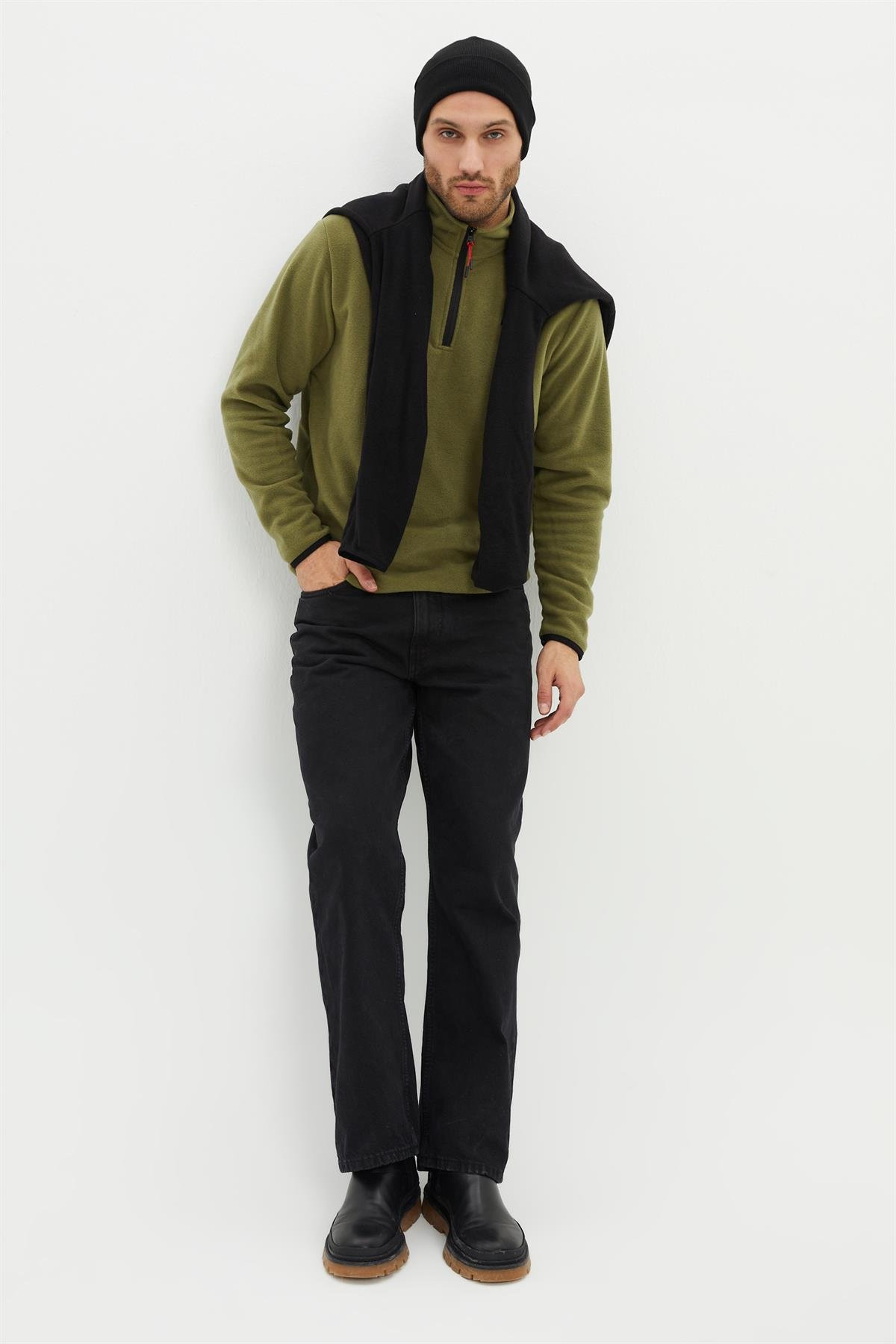 River Club Erkek Dik Yaka Yarım Fermuar Haki Kışlık Sweatshirt PO-001 Haki