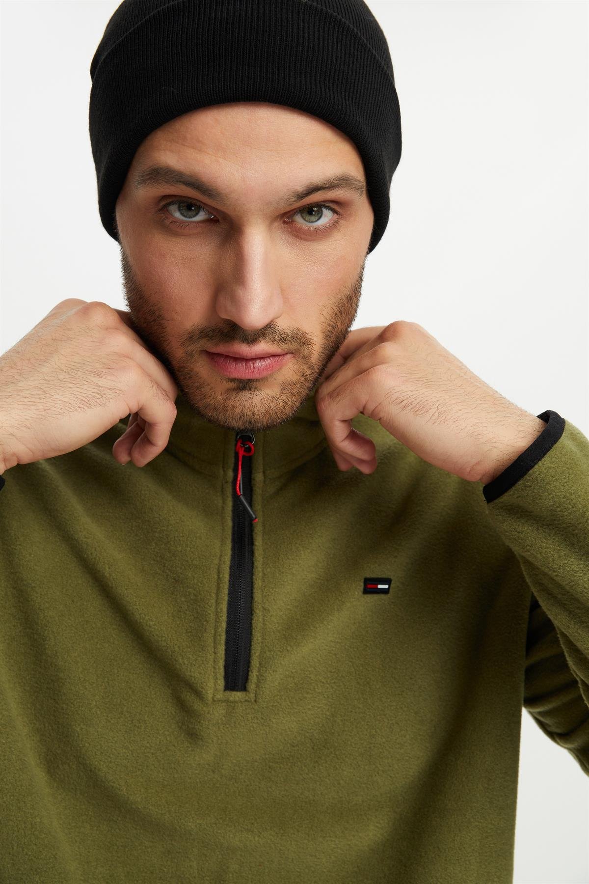 River Club Erkek Dik Yaka Yarım Fermuar Haki Kışlık Sweatshirt PO-001 Haki
