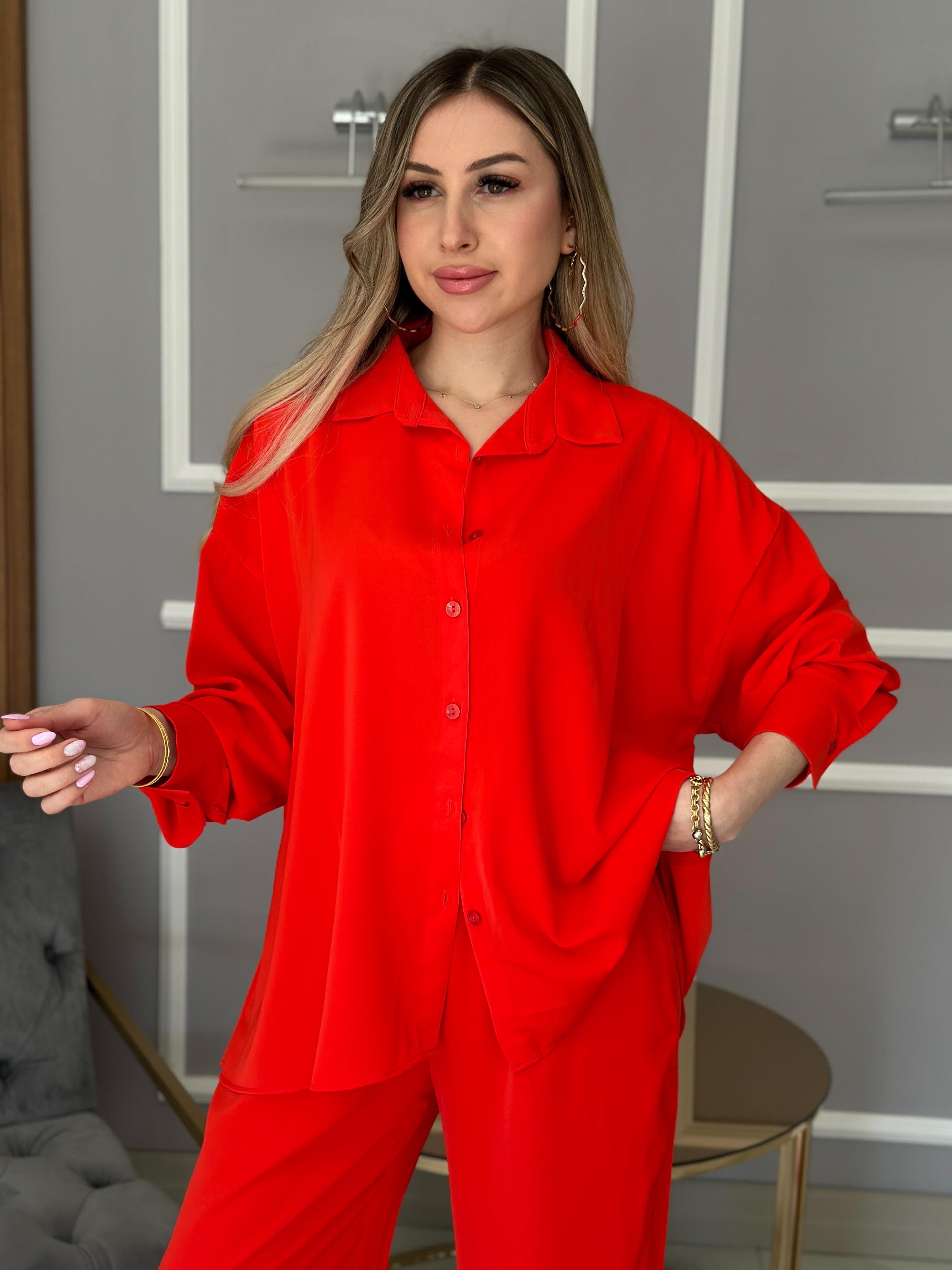 Begonya Premium Takım Gömlek Palazzo Kırmızı