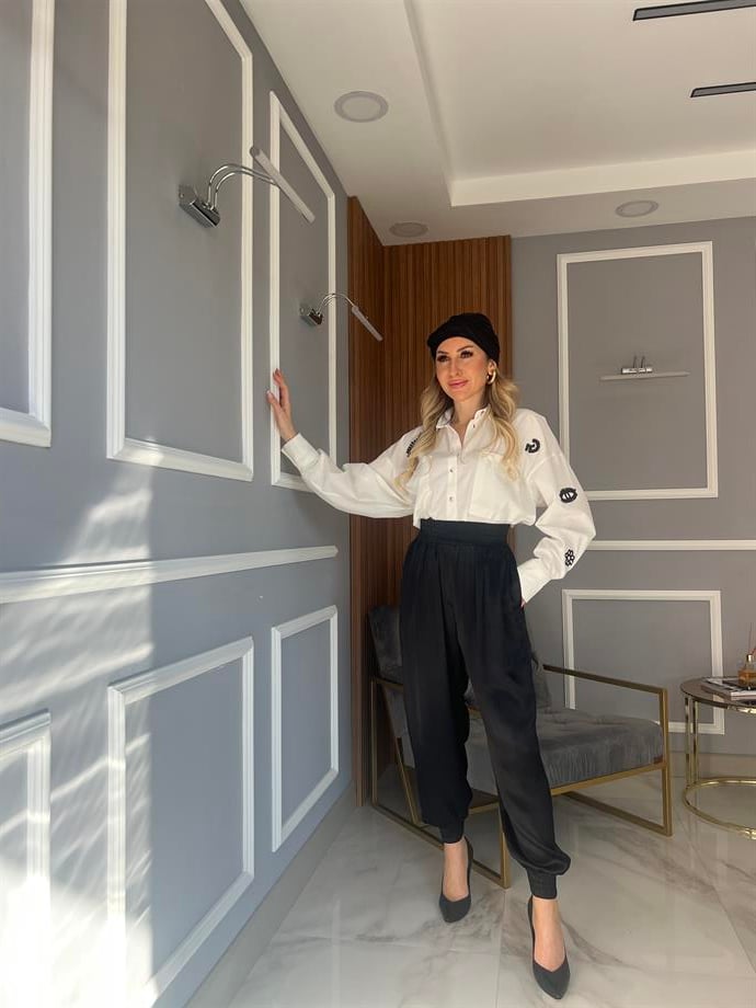 Beli Ve Paçası Lastikli Saten Pantolon