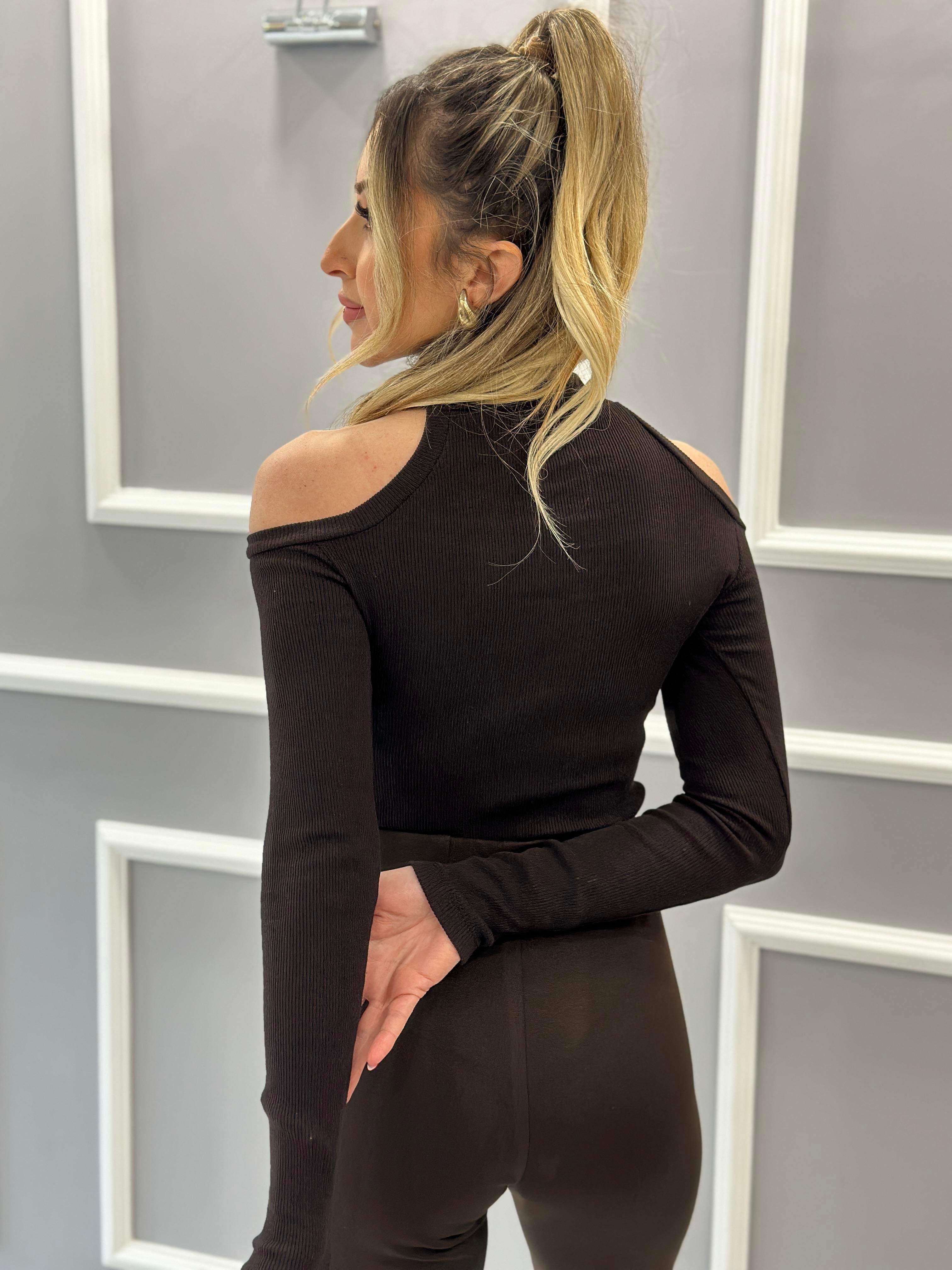 Bluz Carmen Yaka Choker Detaylı Kahverengi