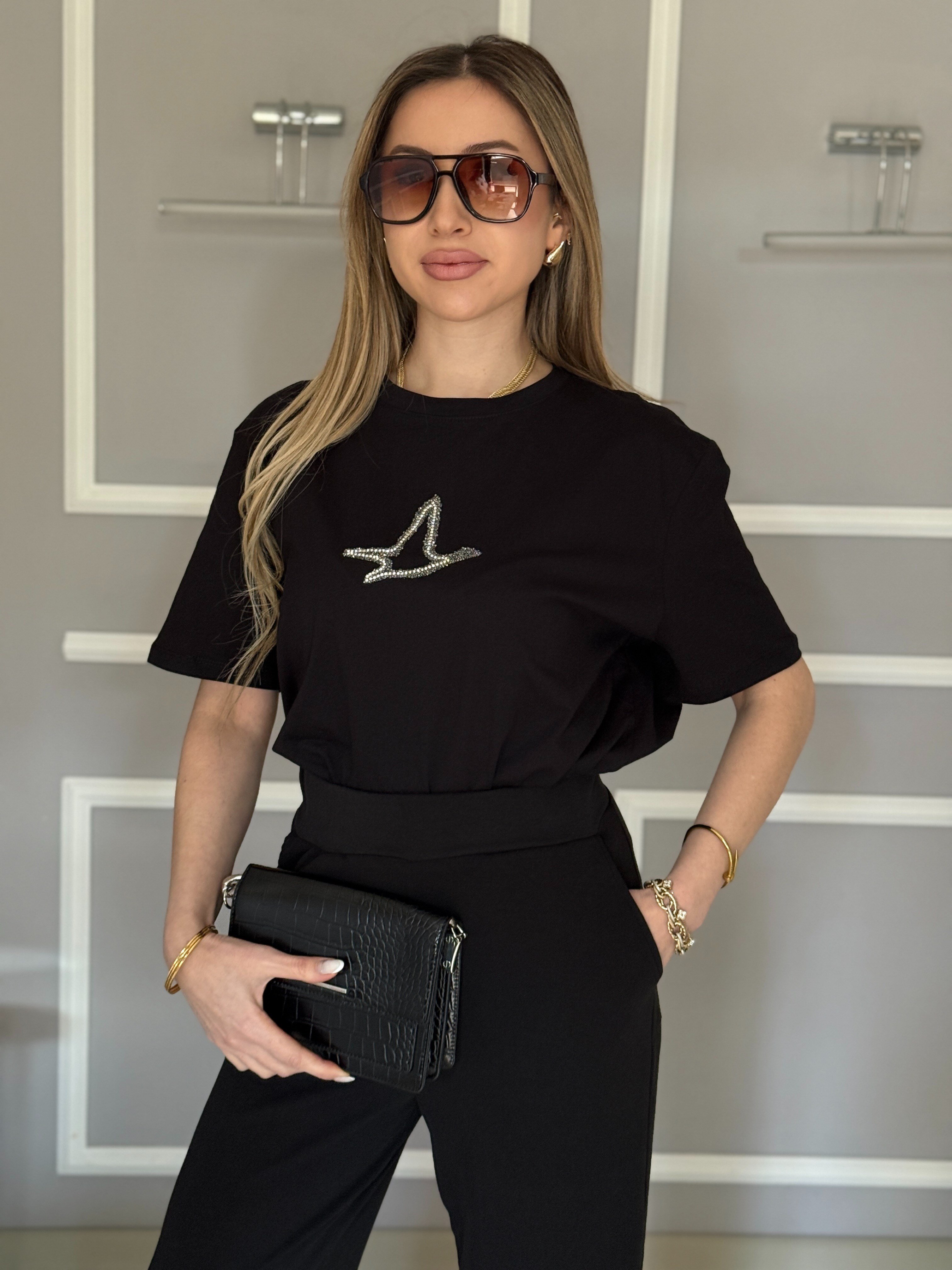 Bn Premium Gri Taşlı Siyah Tişört