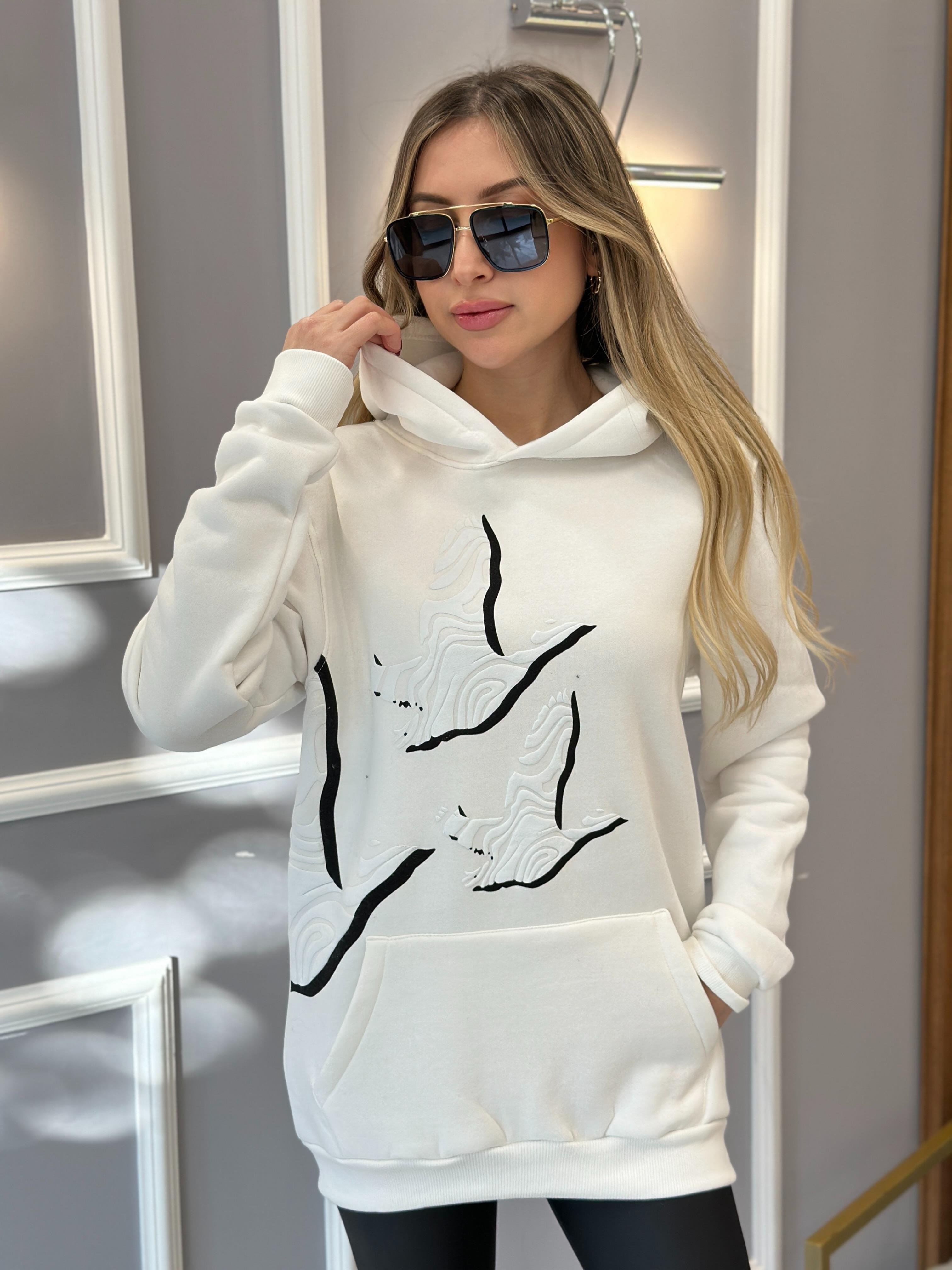 Bn Sweatshirt Kapşonlu Kuş Detaylı Ekru