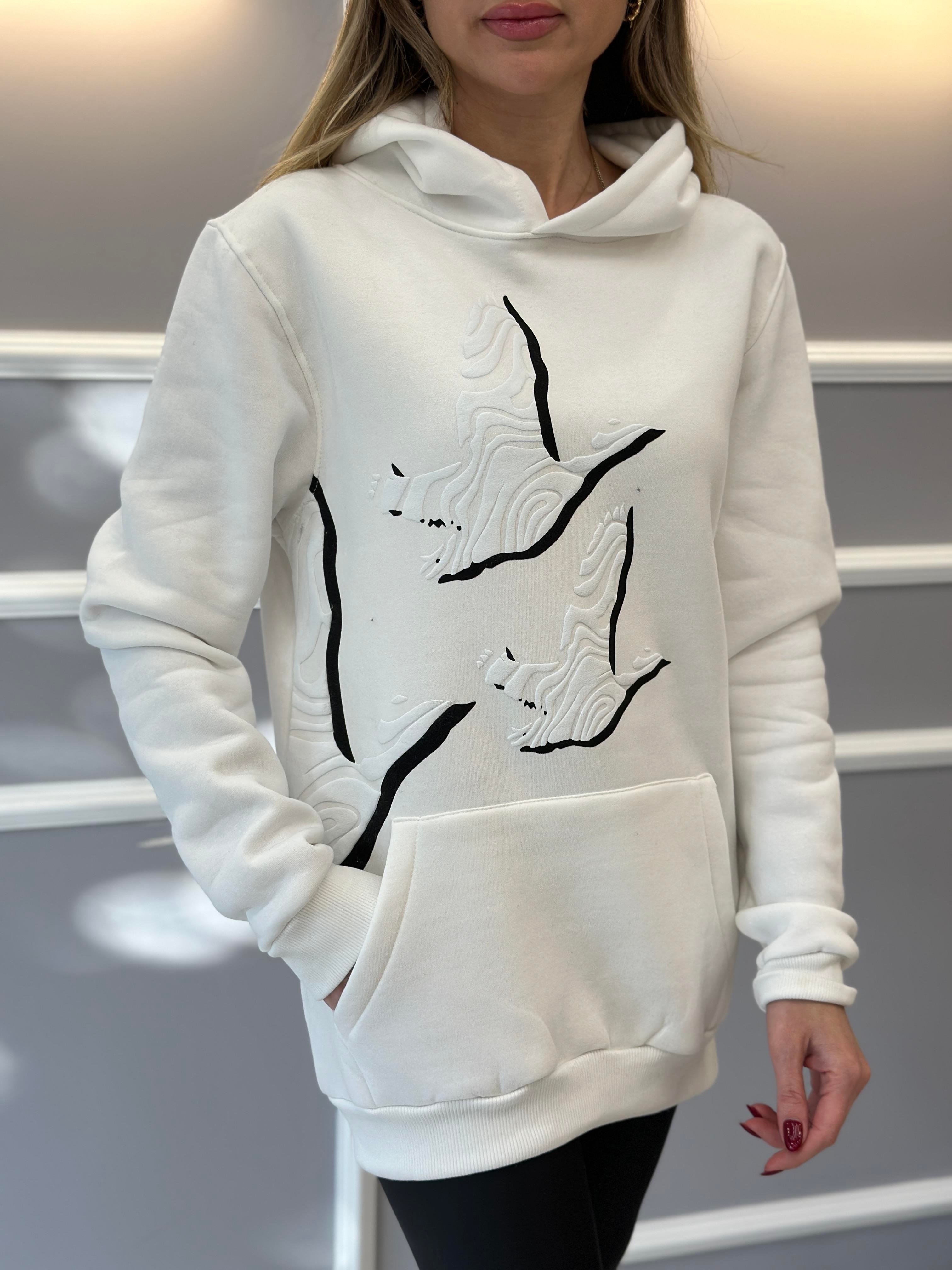 Bn Sweatshirt Kapşonlu Kuş Detaylı Ekru