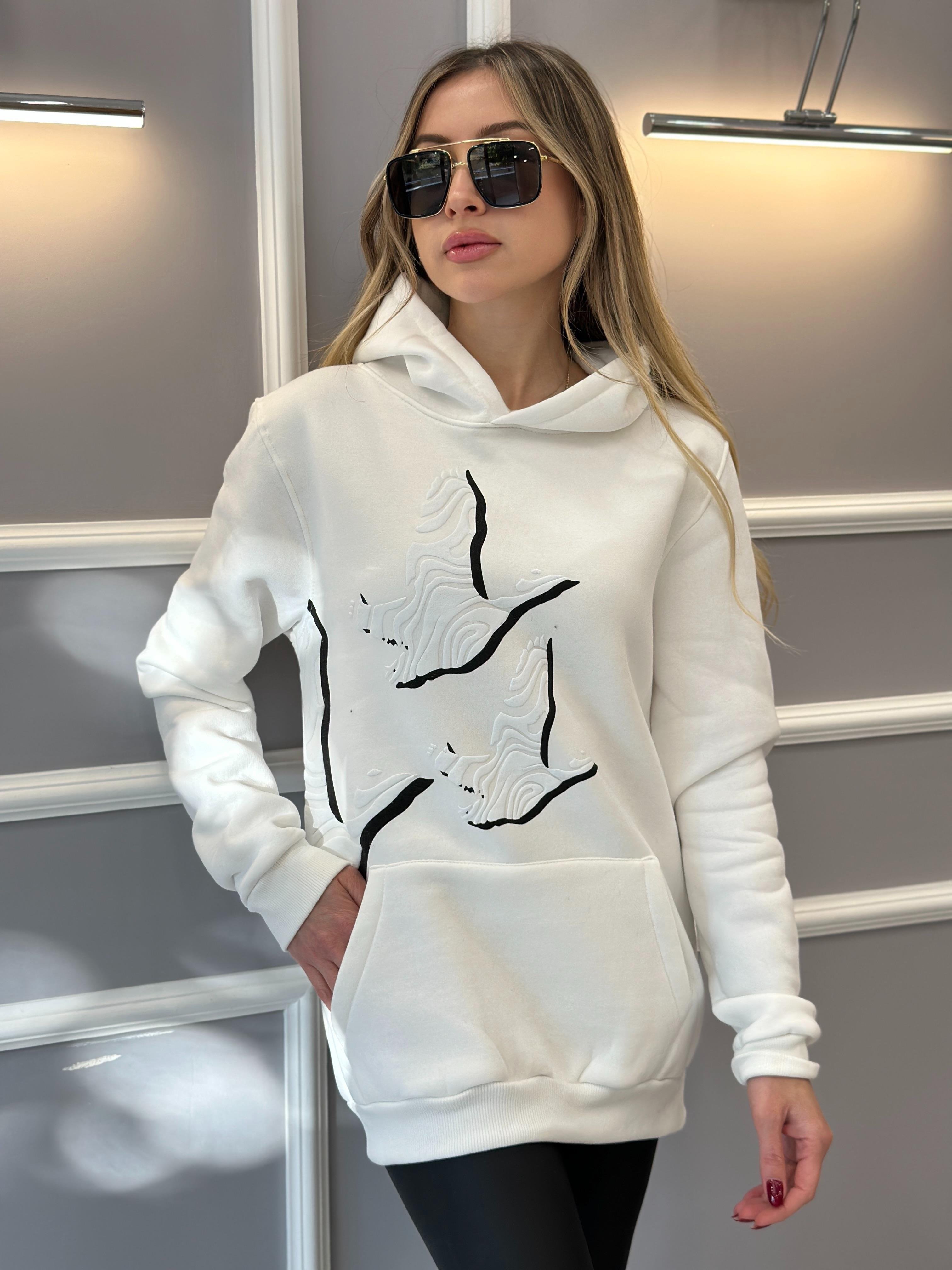 Bn Sweatshirt Kapşonlu Kuş Detaylı Ekru