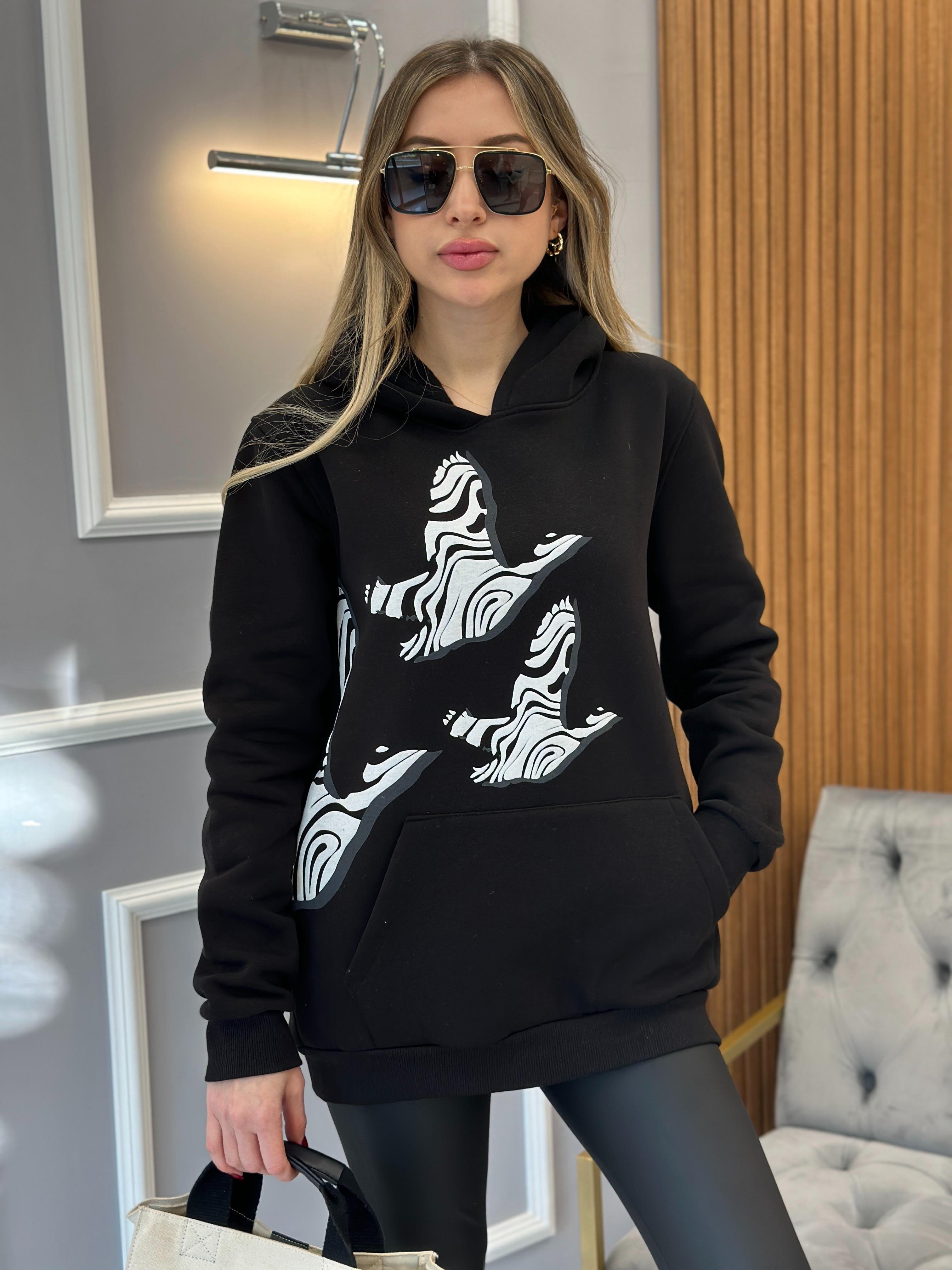 Bn Sweatshirt Kapşonlu Kuş Detaylı Siyah