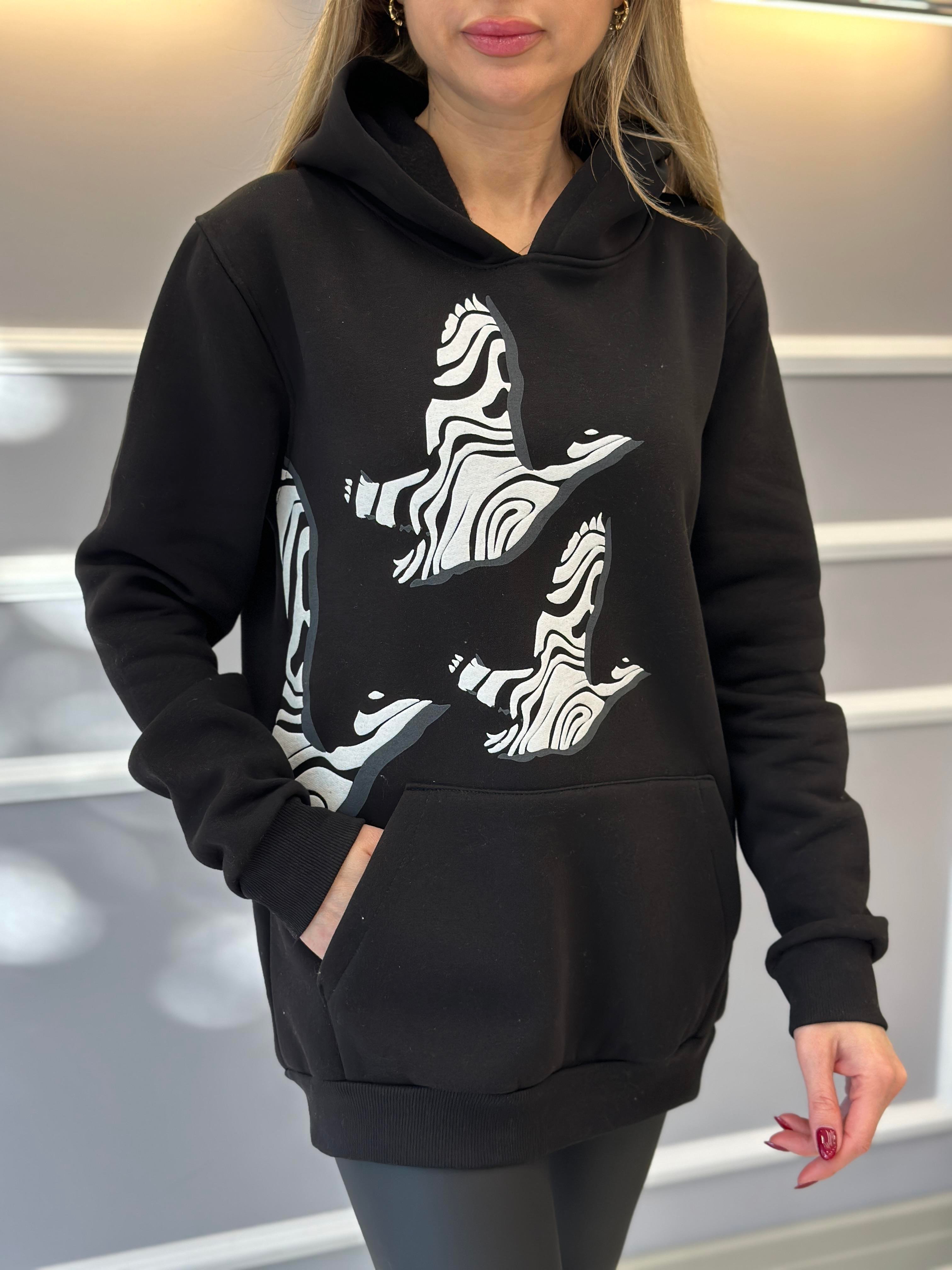 Bn Sweatshirt Kapşonlu Kuş Detaylı Siyah