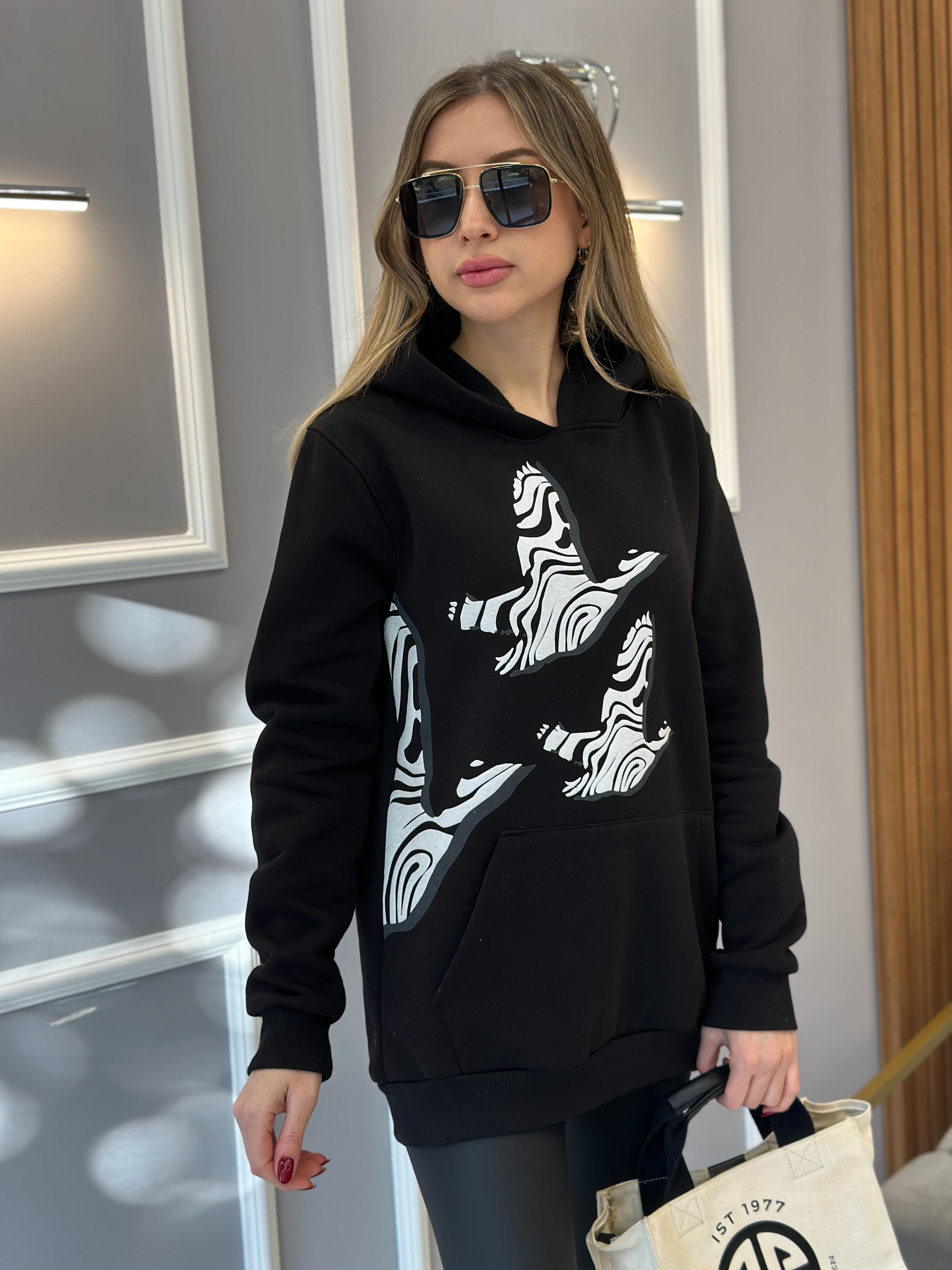 Bn Sweatshirt Kapşonlu Kuş Detaylı Siyah
