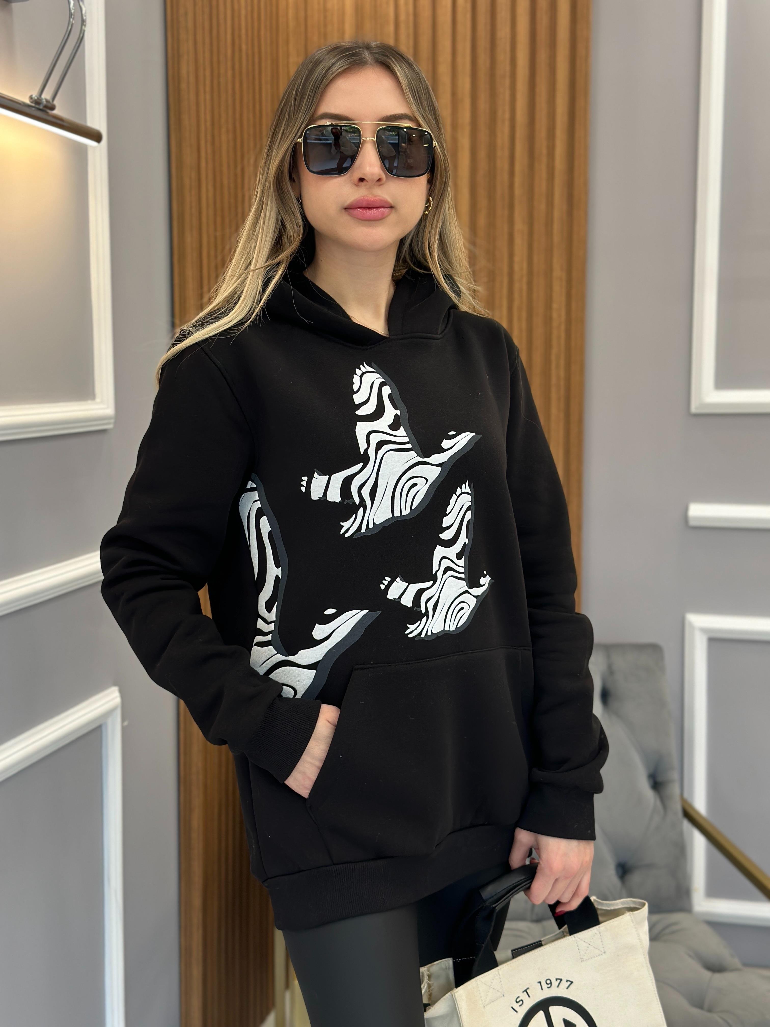 Bn Sweatshirt Kapşonlu Kuş Detaylı Siyah
