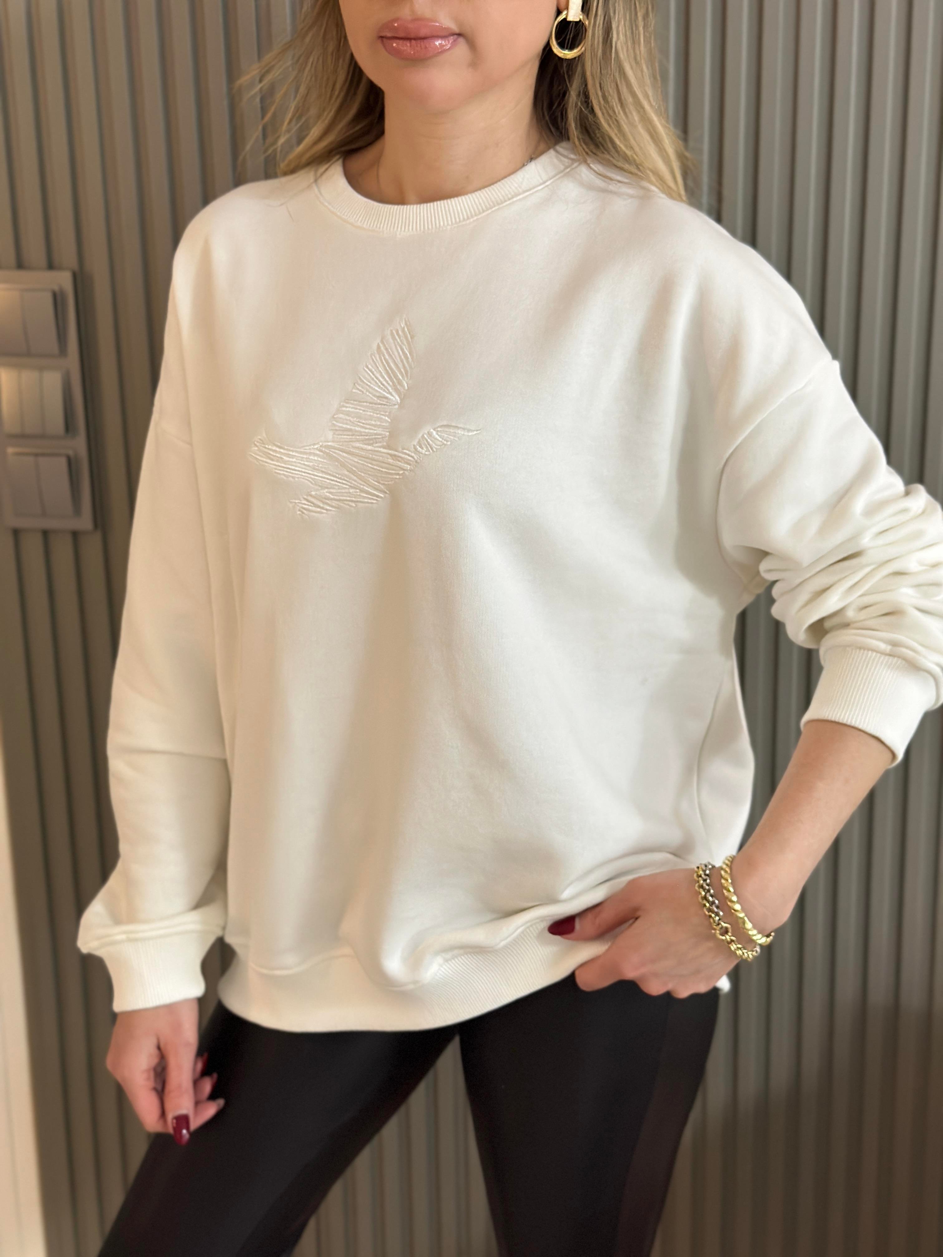 Bn Sweatshirt  Kuş Nakış Detaylı Ekru 