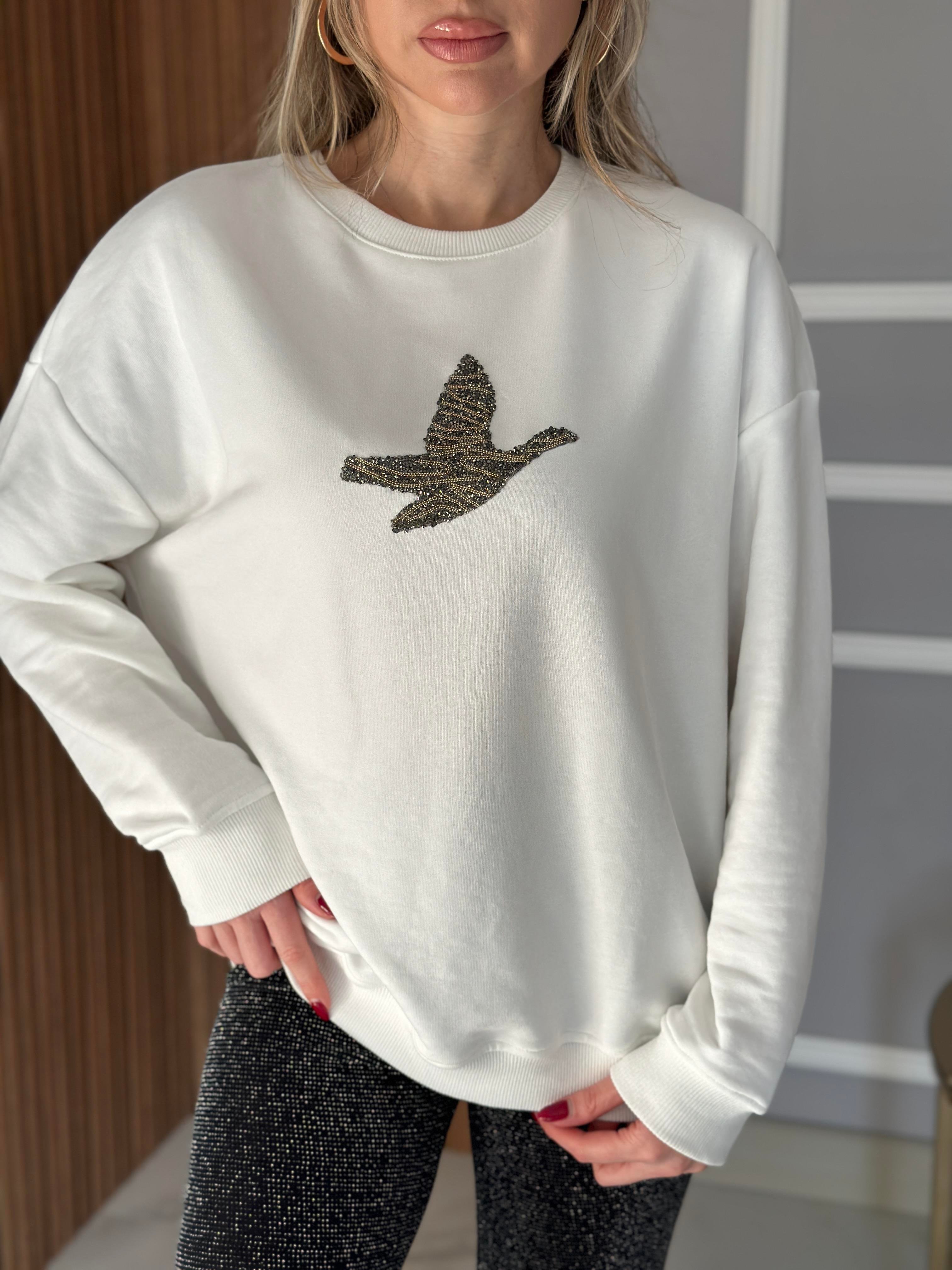 Bn Sweatshirt Kuş Taş Detaylı Beyaz