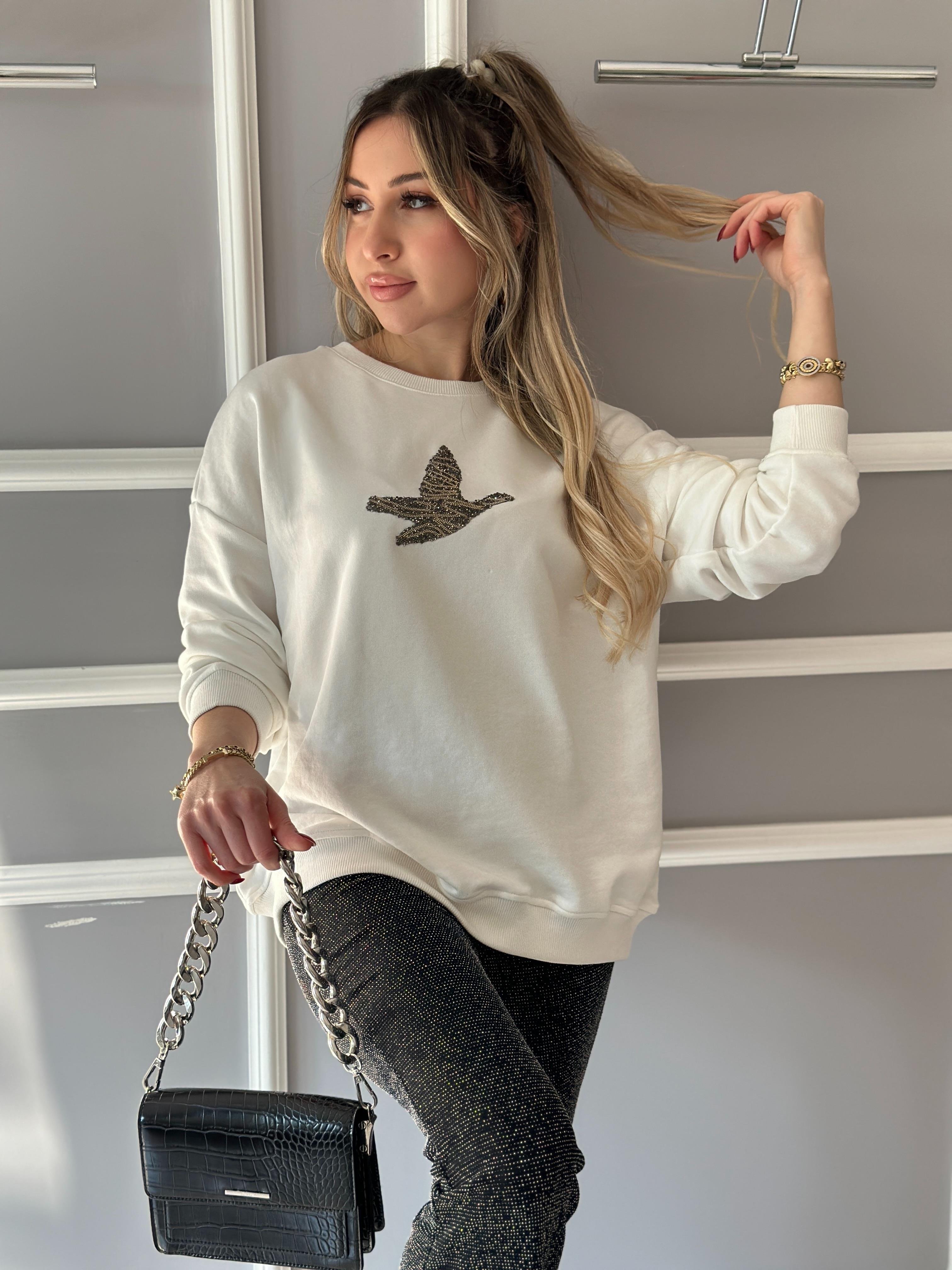 Bn Sweatshirt Kuş Taş Detaylı Beyaz