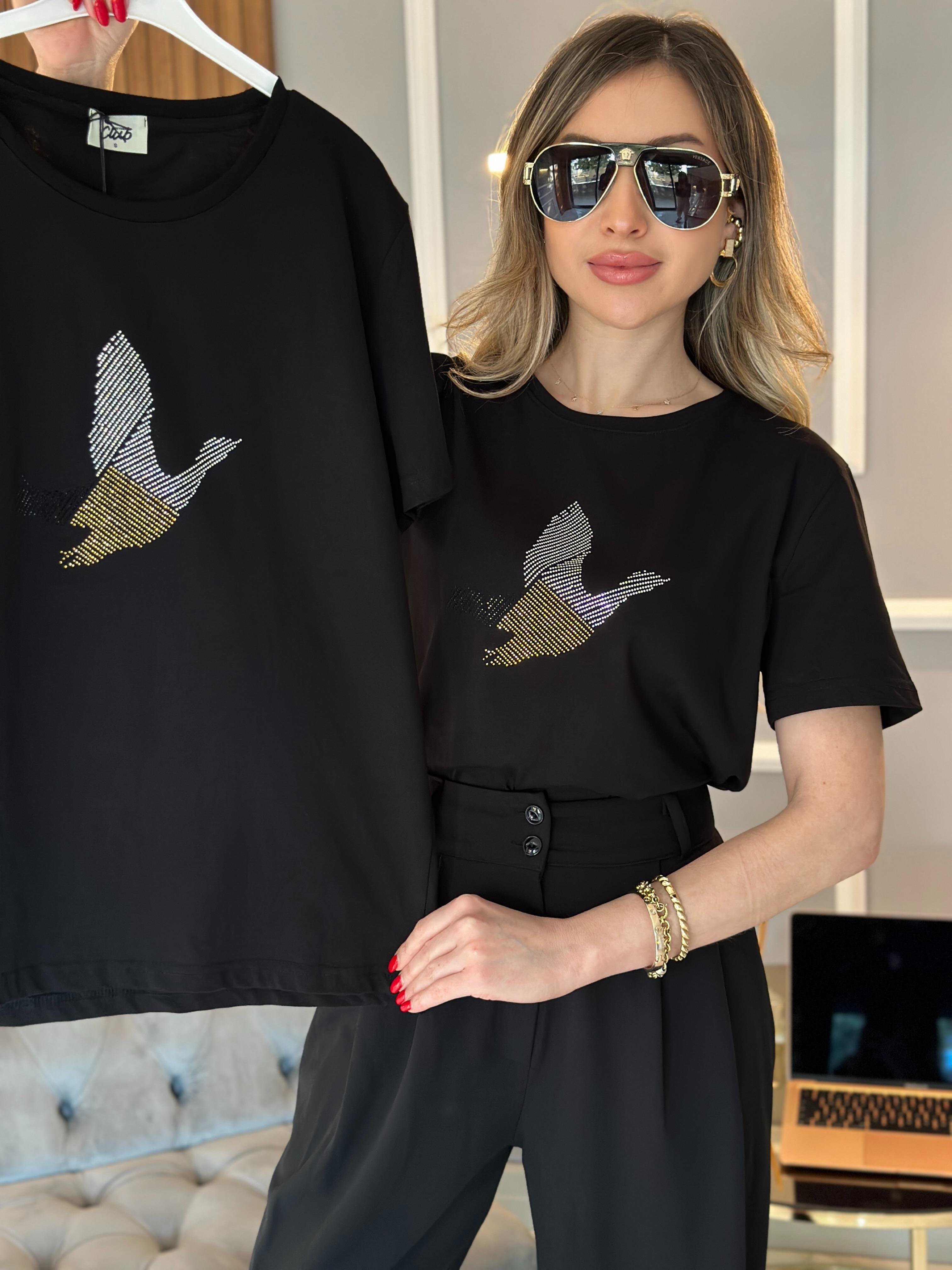 Bn T-shirt Silver Gold Taşlı Kuş Detaylı Siyah
