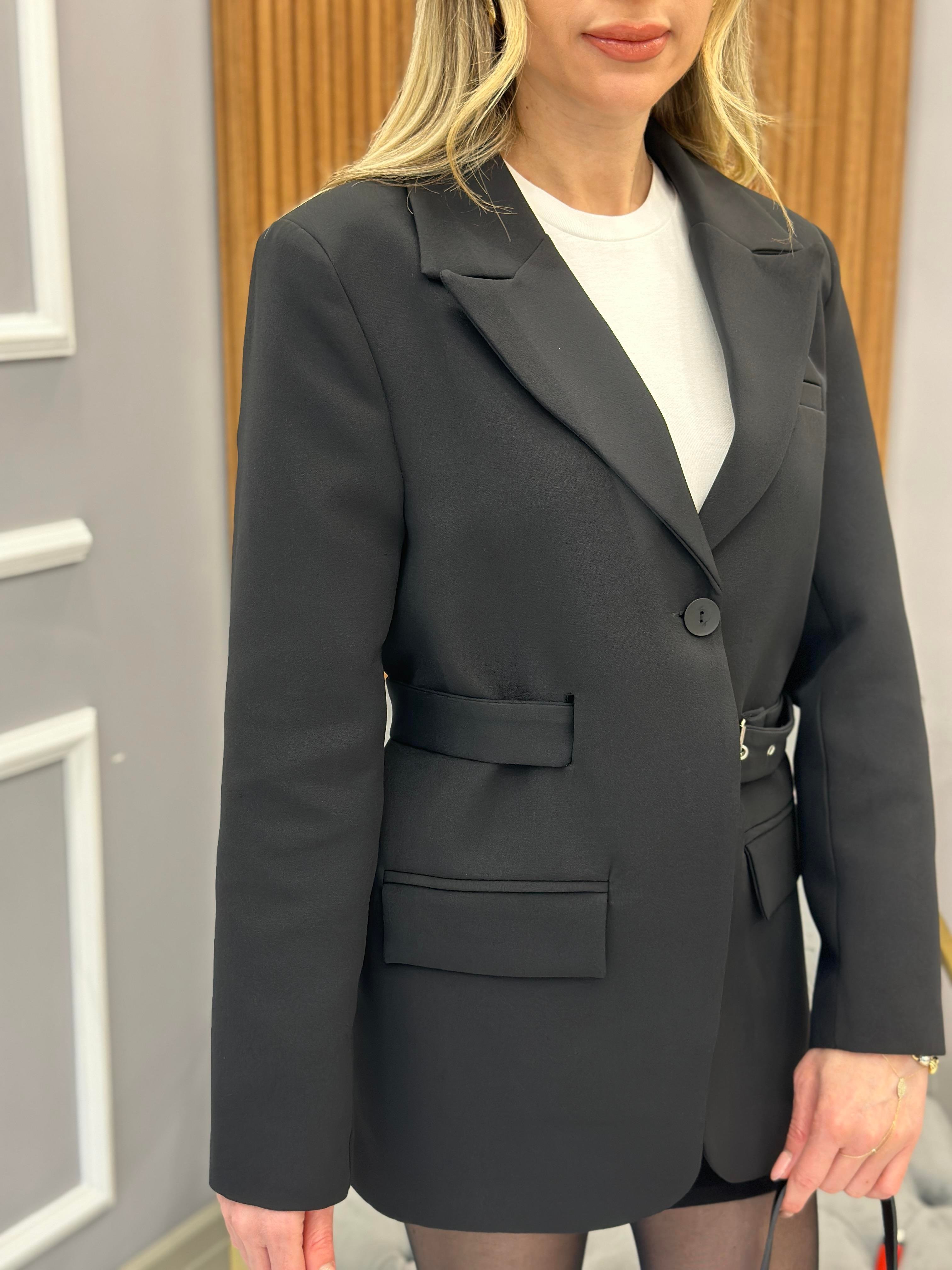 Ceket Blazer Kemer Detaylı Siyah