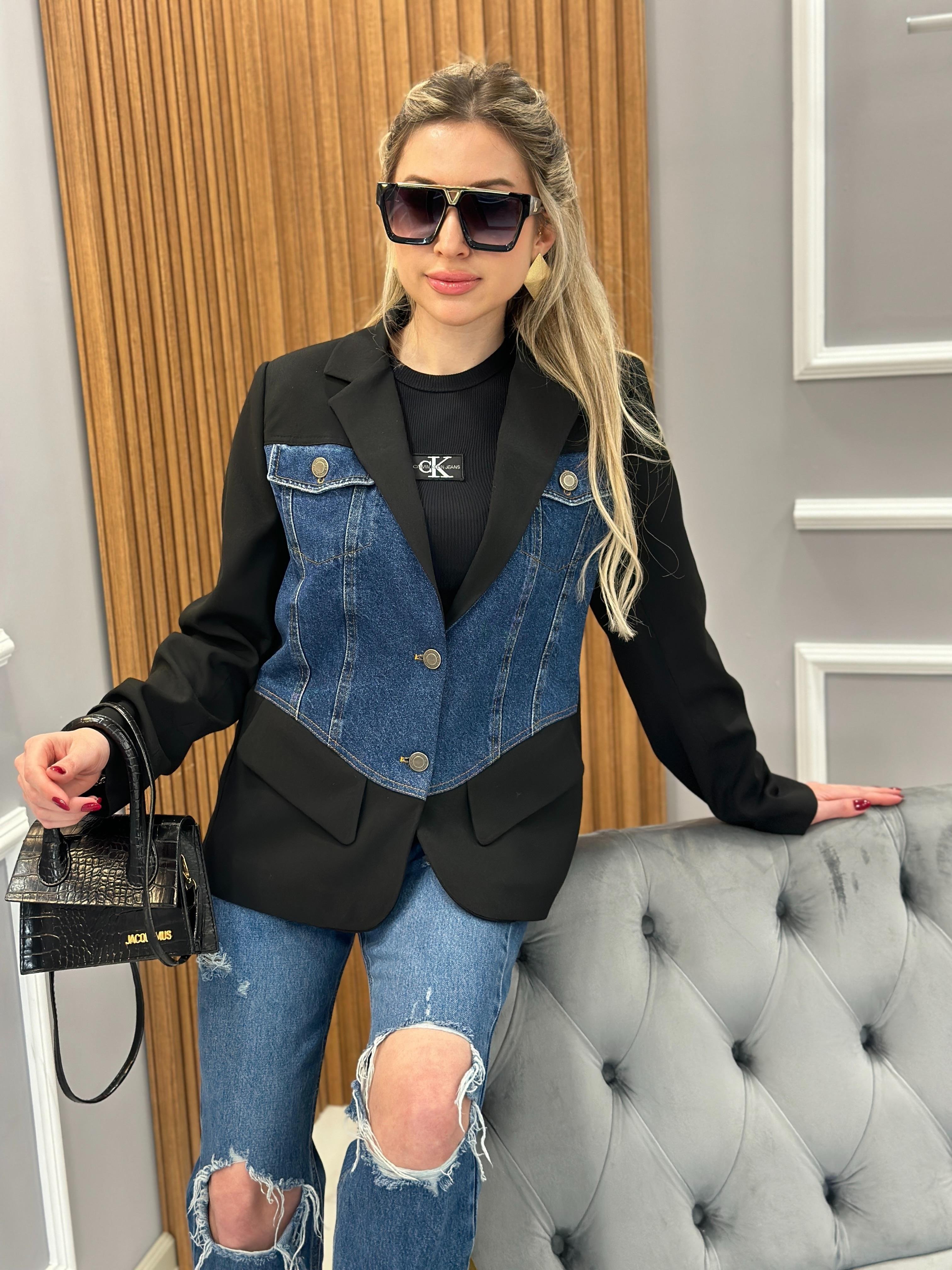 Ceket Blazer Kot Detaylı Siyah