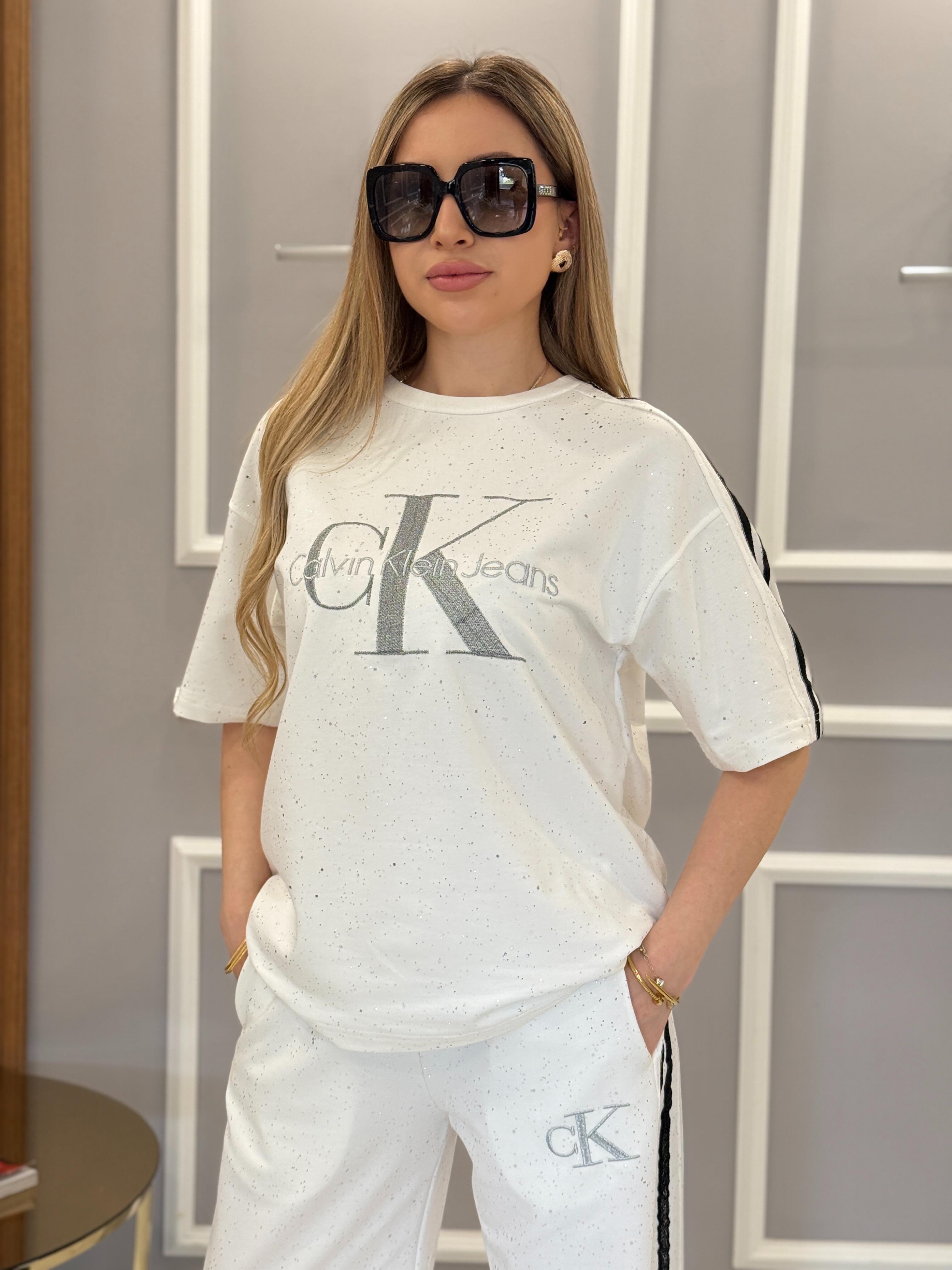 Cn Pırıltılı Premium Beyaz Palazzo Takım 