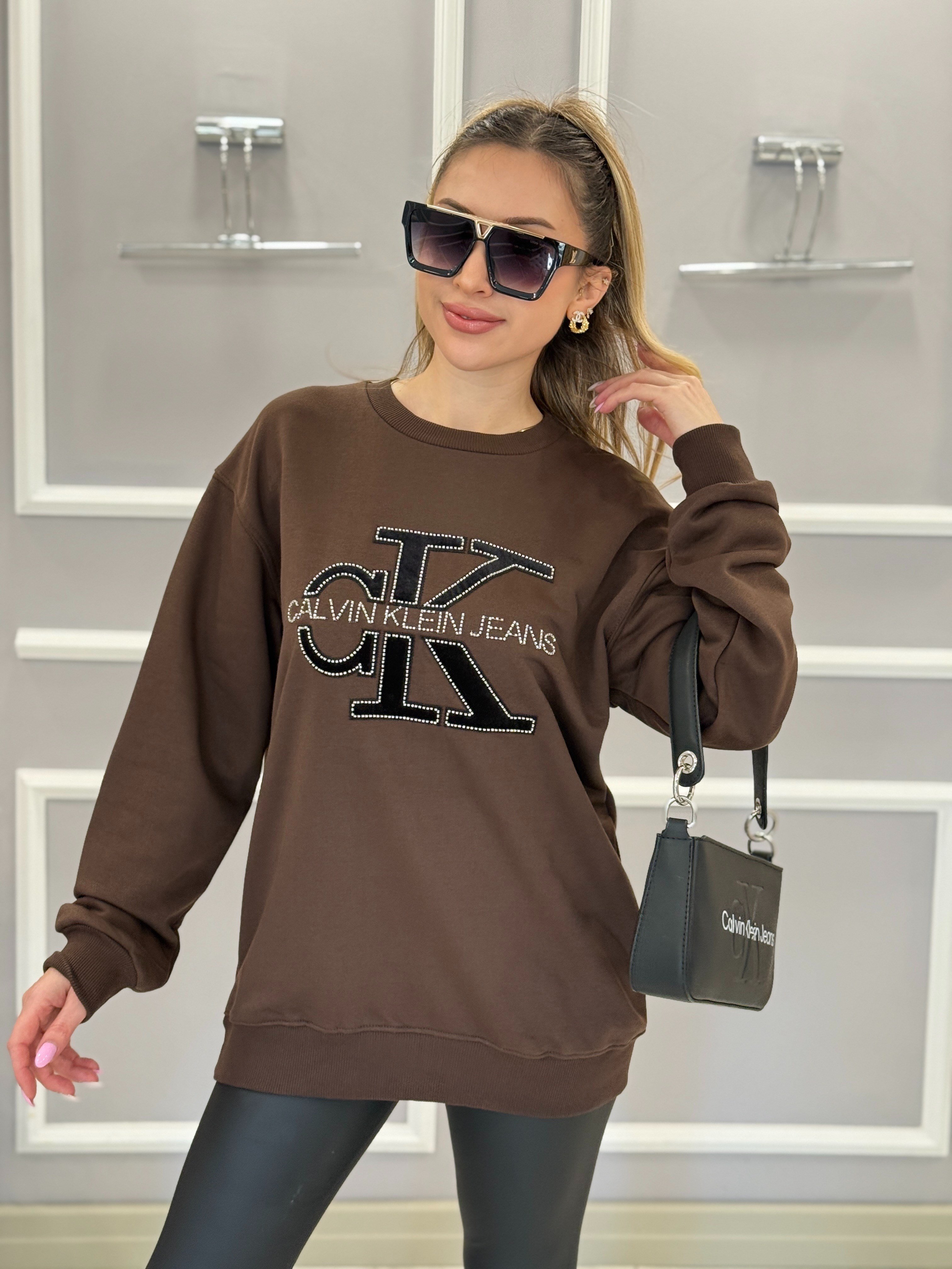 CN Premium Kadife Yazı Detaylı Sweatshirt Kahverengi Boyu 72cm 