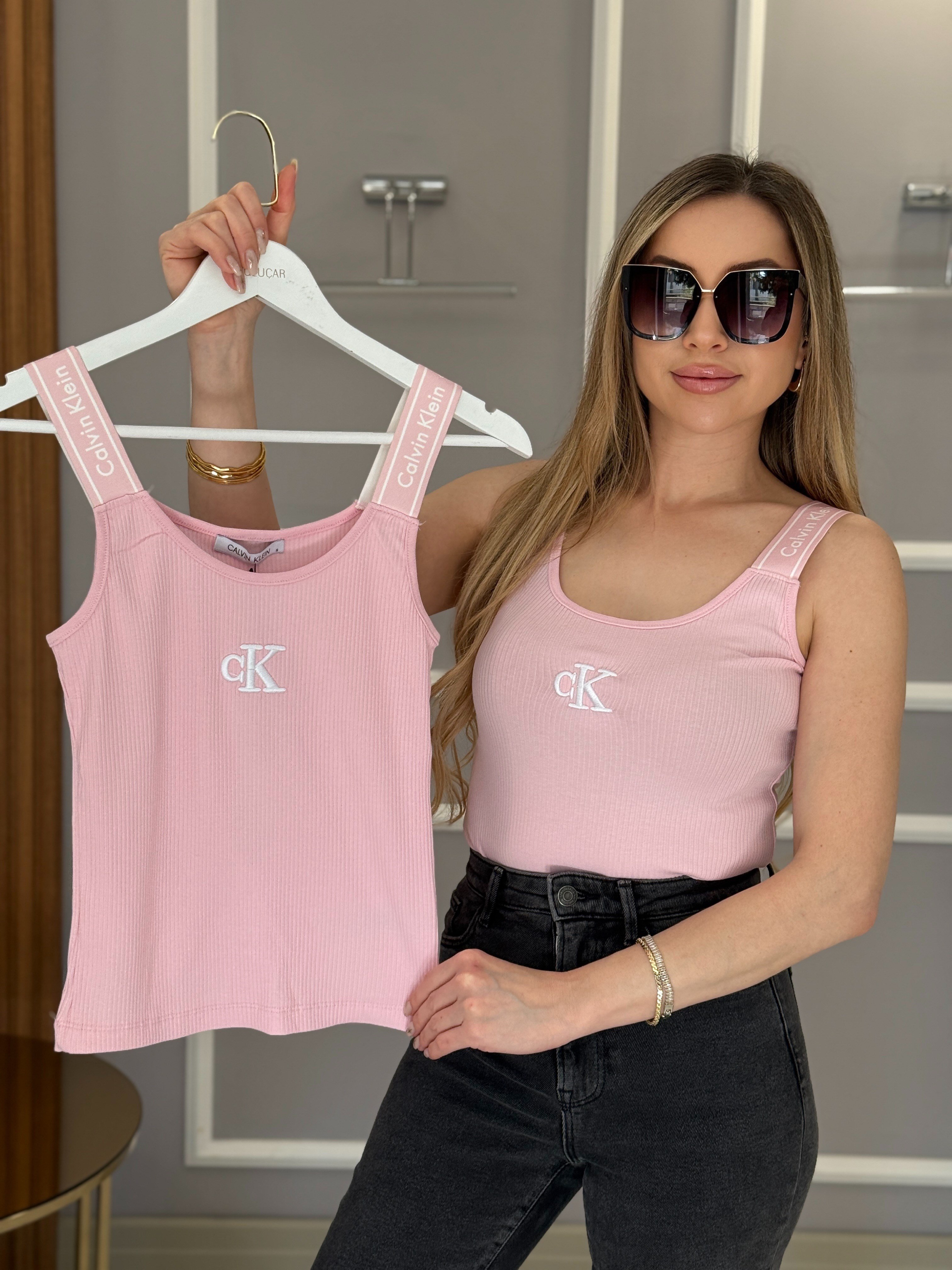 CN Premium Likralı Pembe Atlet Bluz Askısı Yazılı
