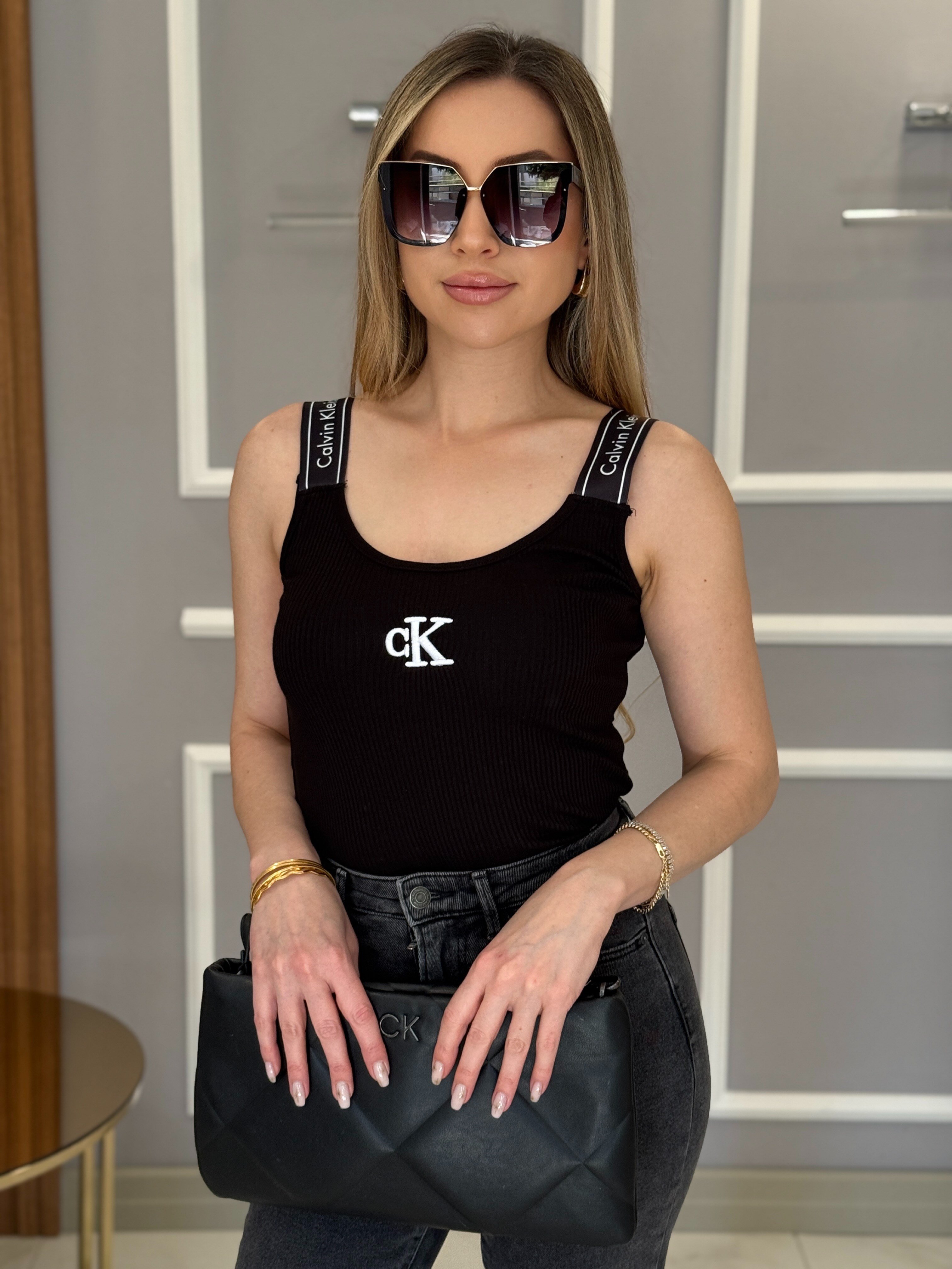 CN Premium Likralı Siyah Atlet Bluz Askısı Yazılı