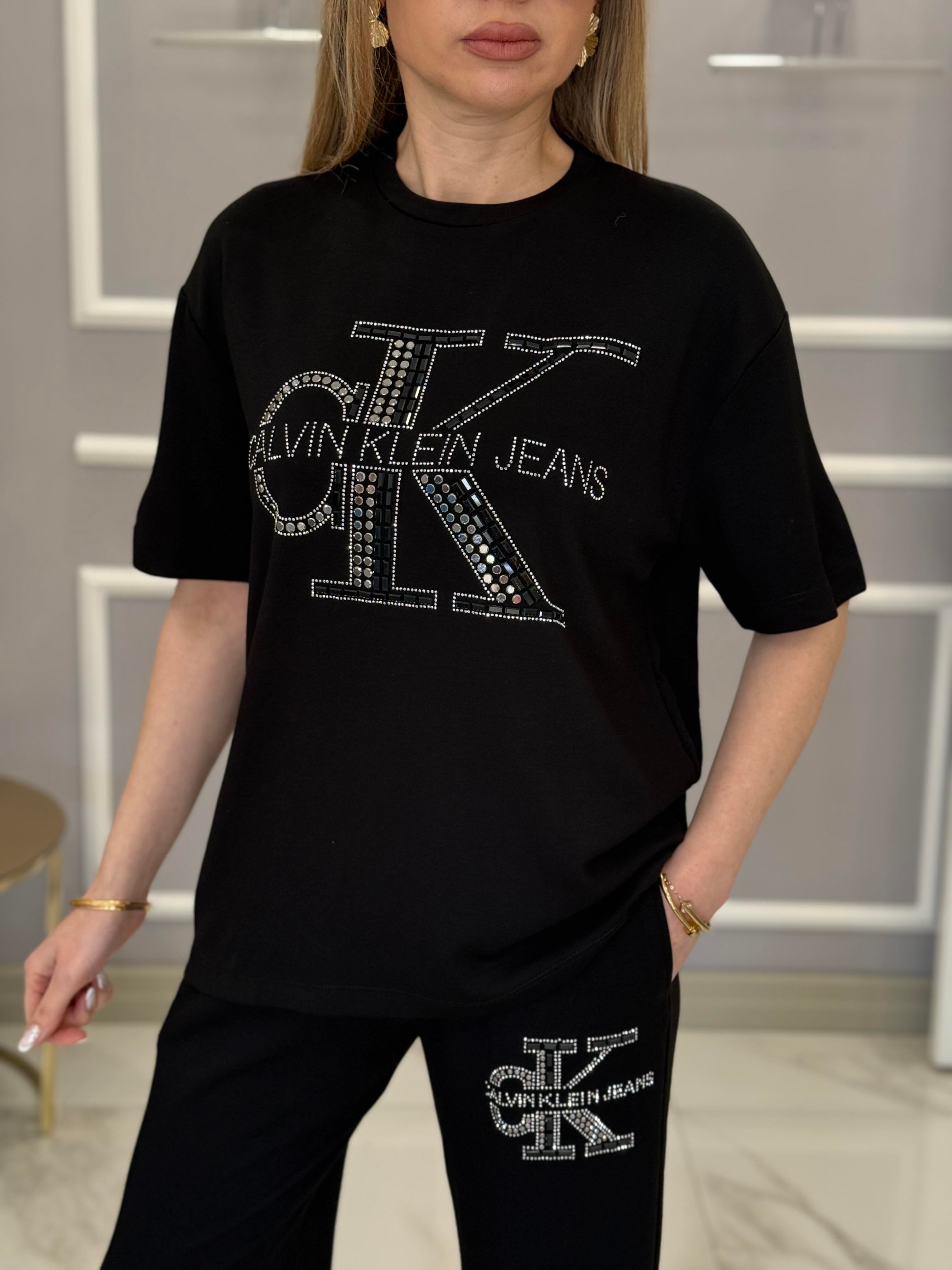 Cn Premium Modal Kumaş Taş Yazılı Siyah Takım 