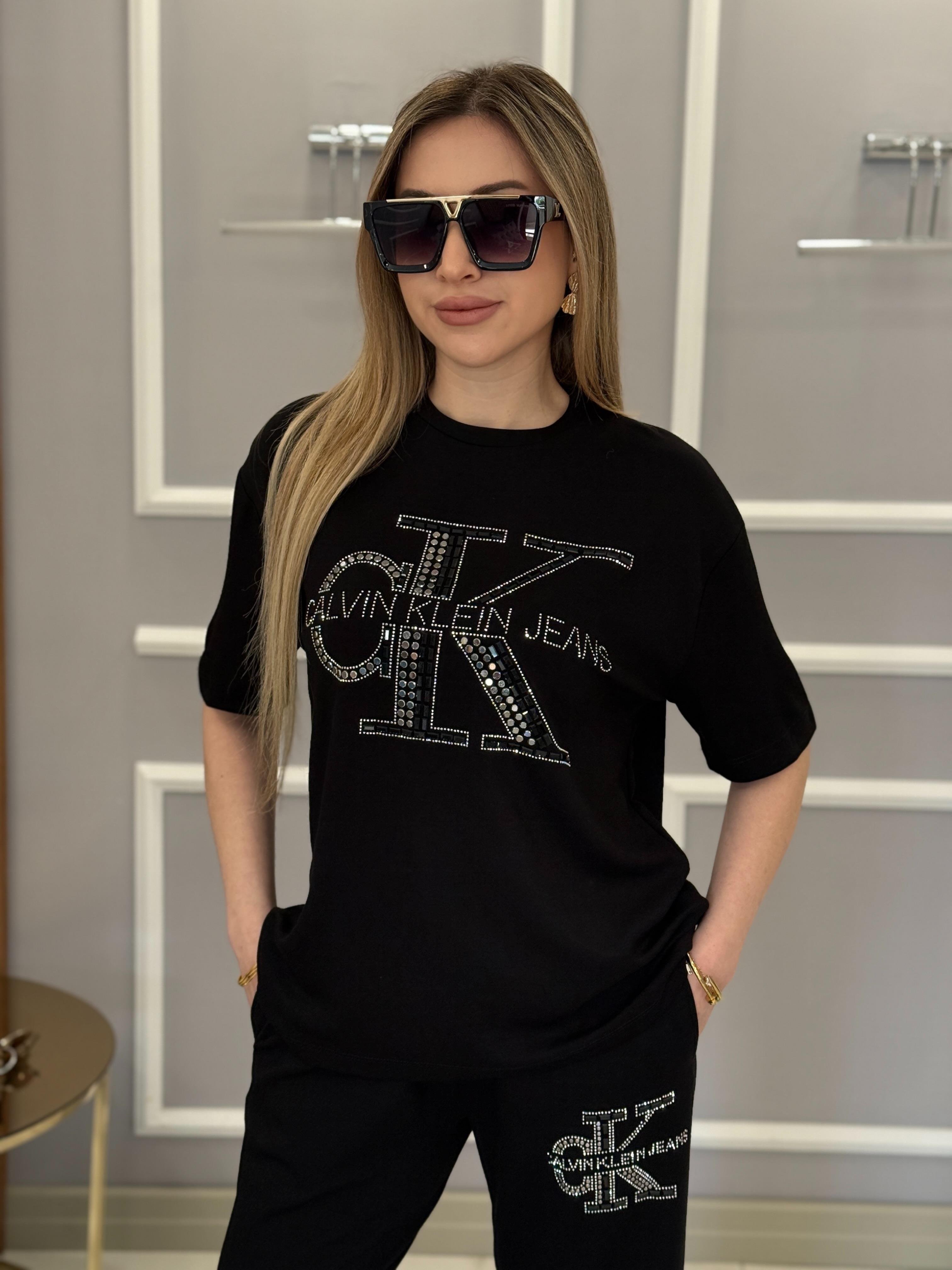 Cn Premium Modal Kumaş Taş Yazılı Siyah Takım 