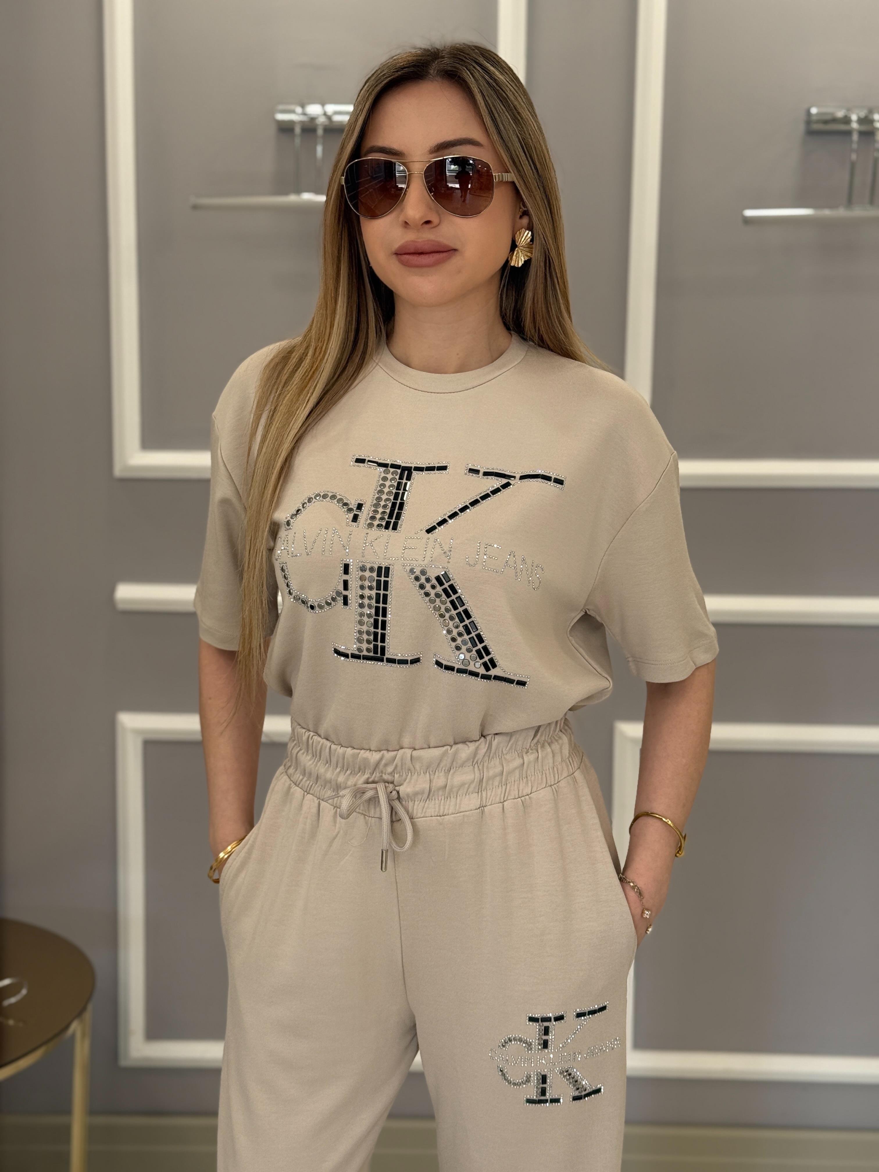Cn Premium Modal Kumaş Taş Yazılı Vizon Takım 