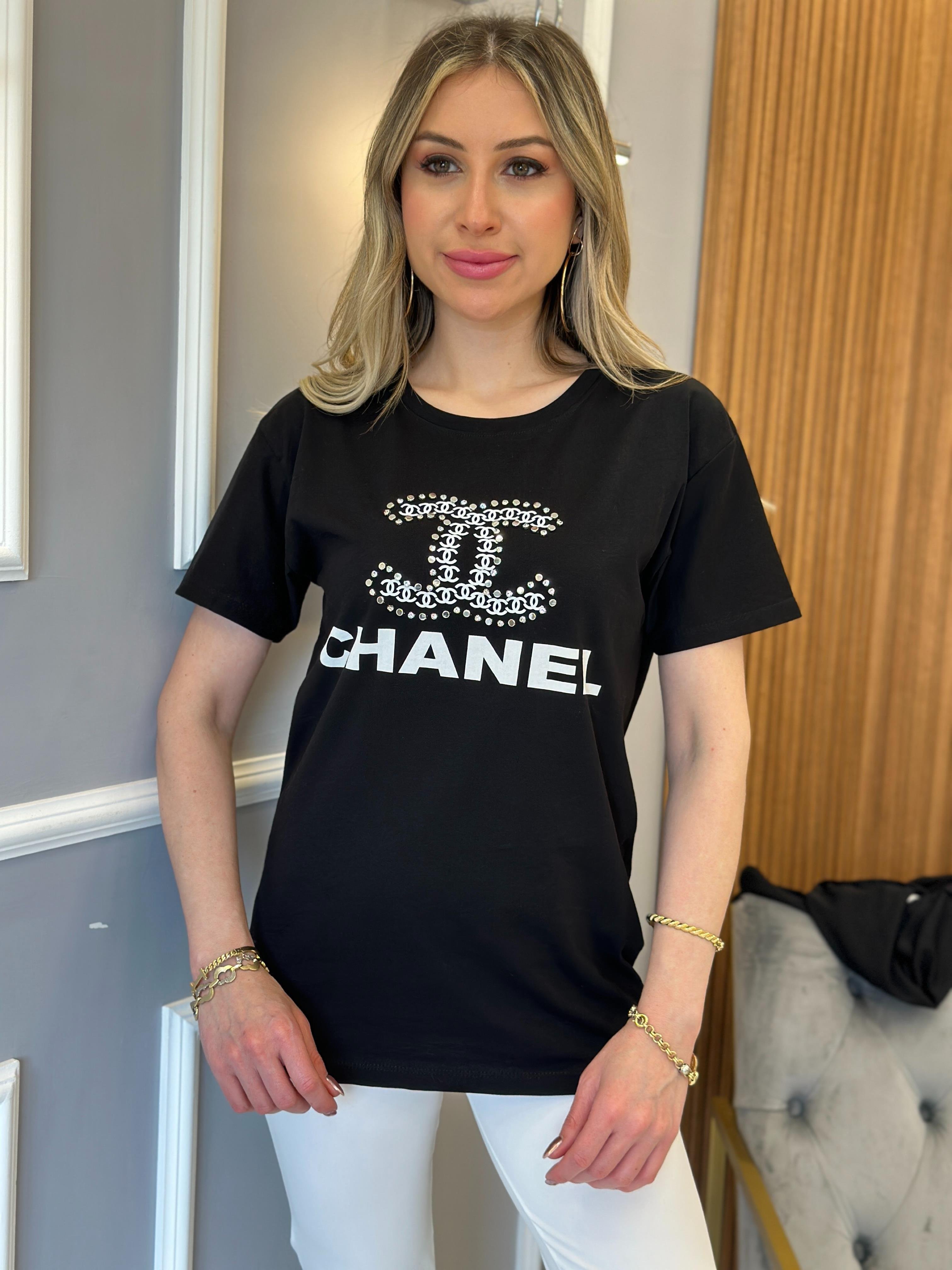 Cn T-shirt Taşlı Yazı Baskılı Siyah