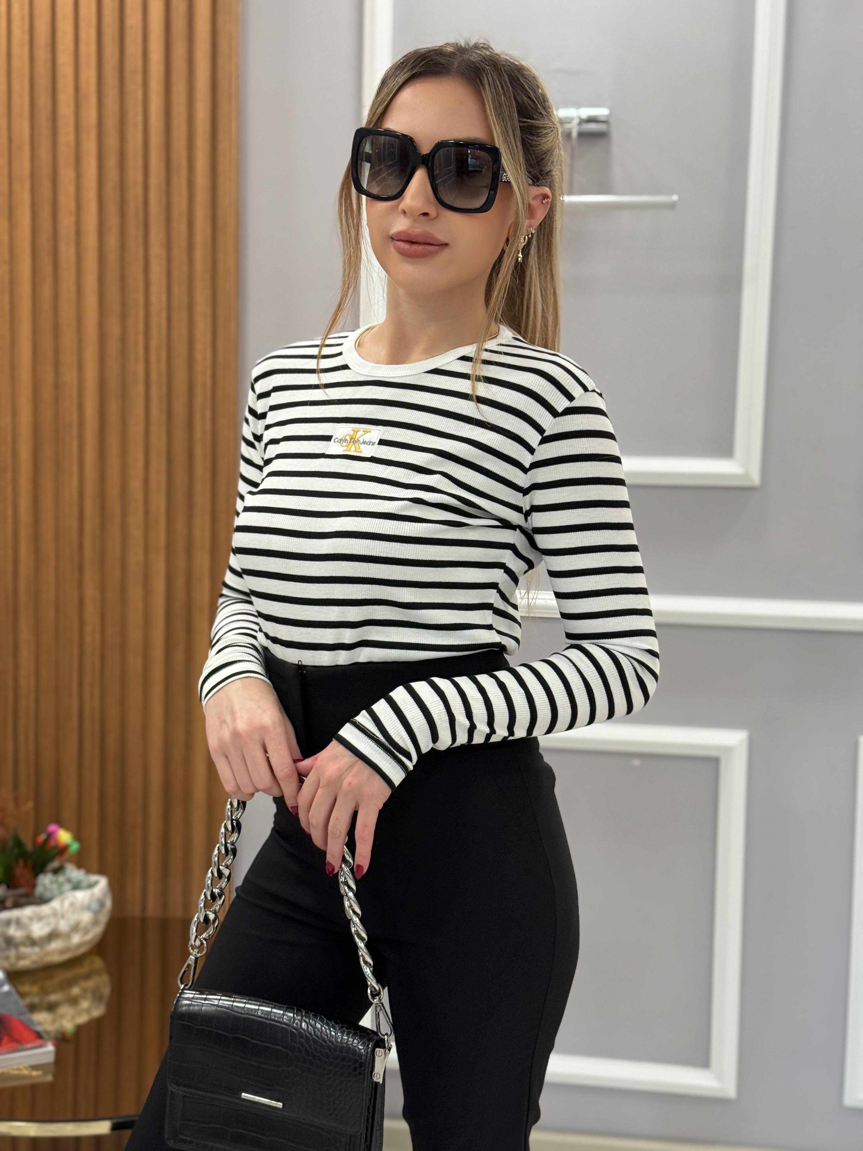 Cnk Likralı Beyaz Çizgili Bluz