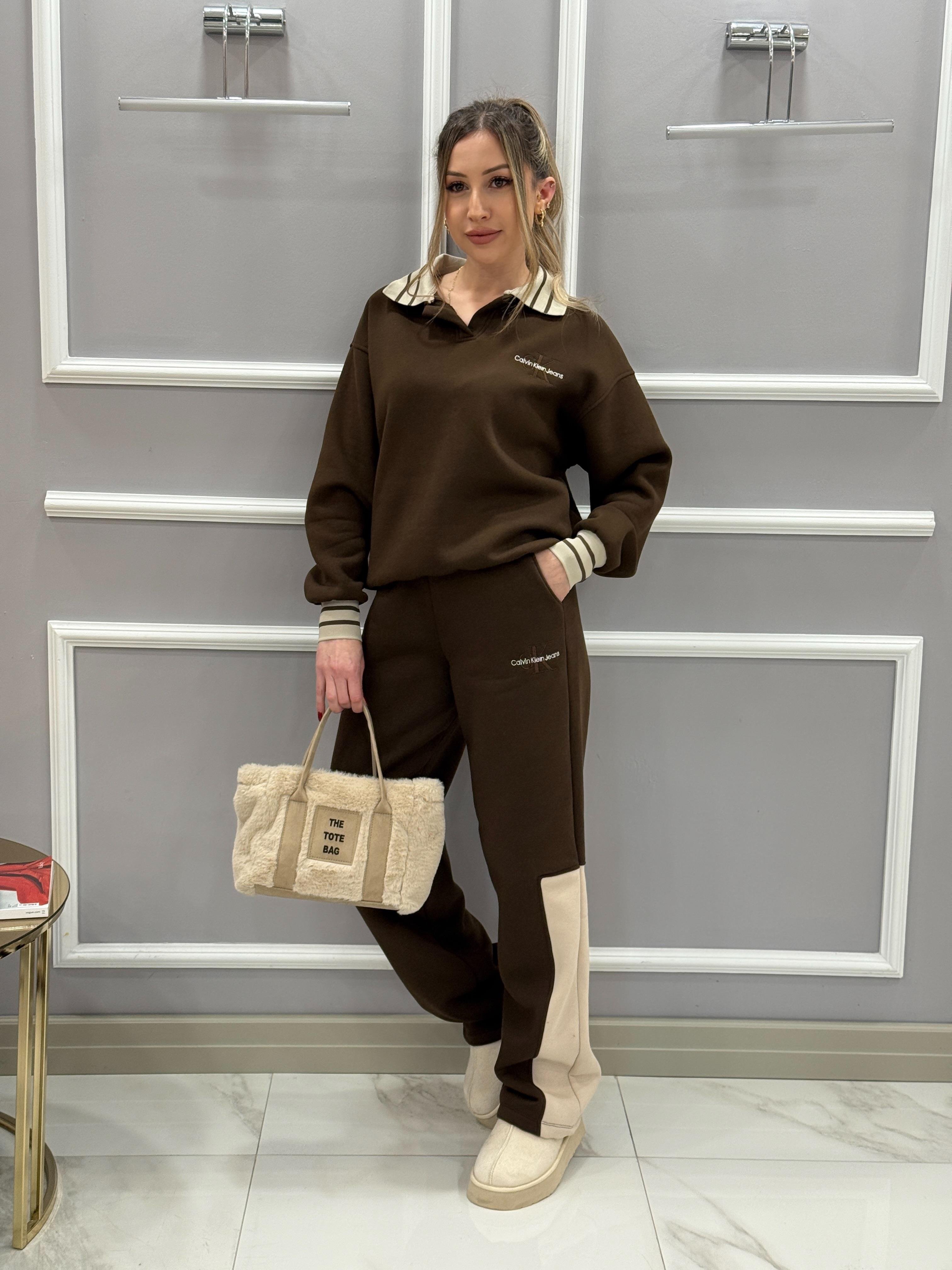 Cnk Yakalı Şardonlu Eşofman Takımı Kahverengi