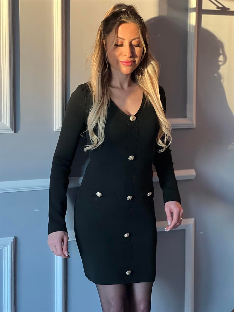 Düğme Detaylı Çelik Örme Elbise Siyah