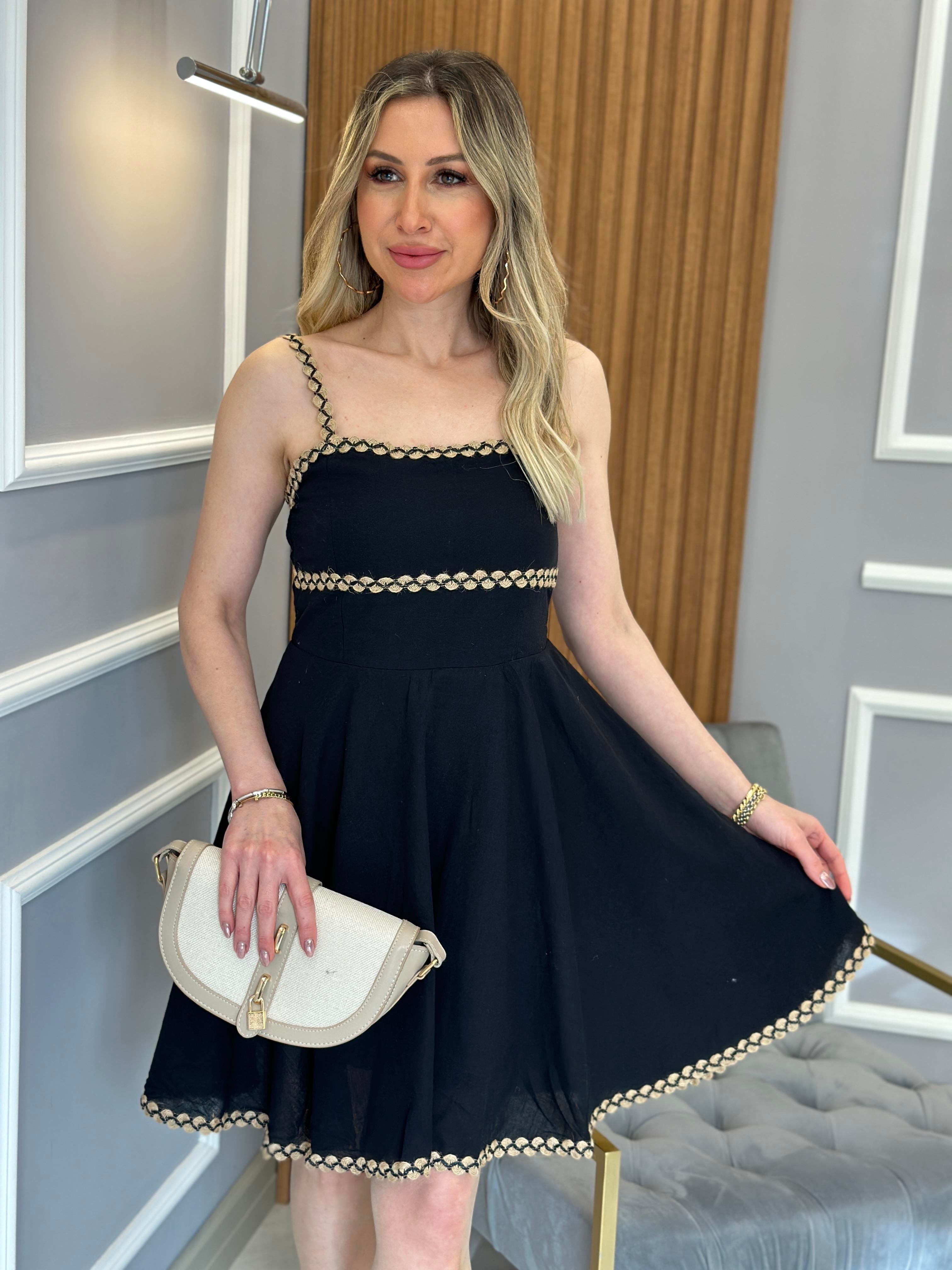 Elbise Keten Hasır Detaylı Siyah
