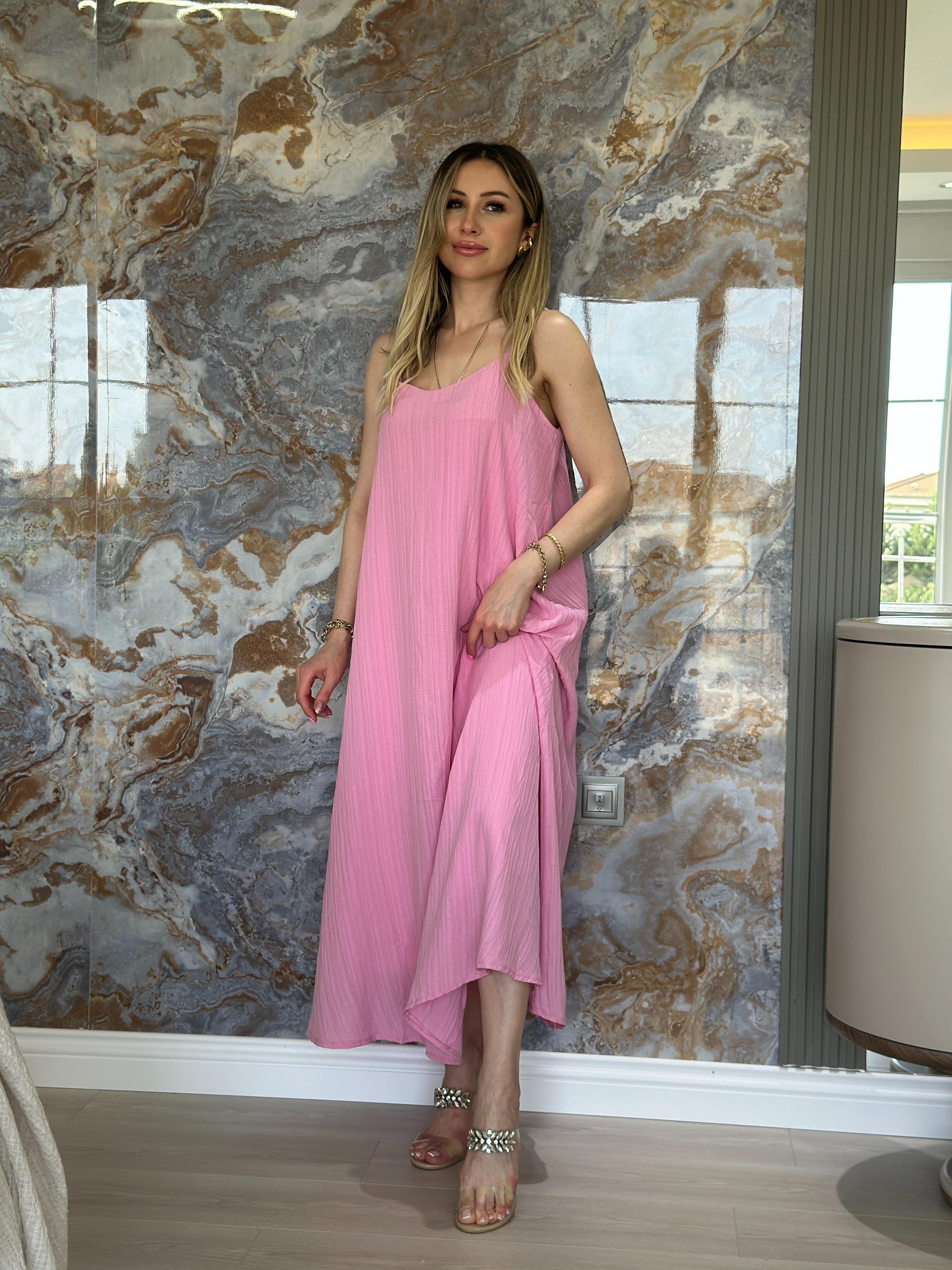 Elbise Naturel İçi Astarlı Uzun Pembe