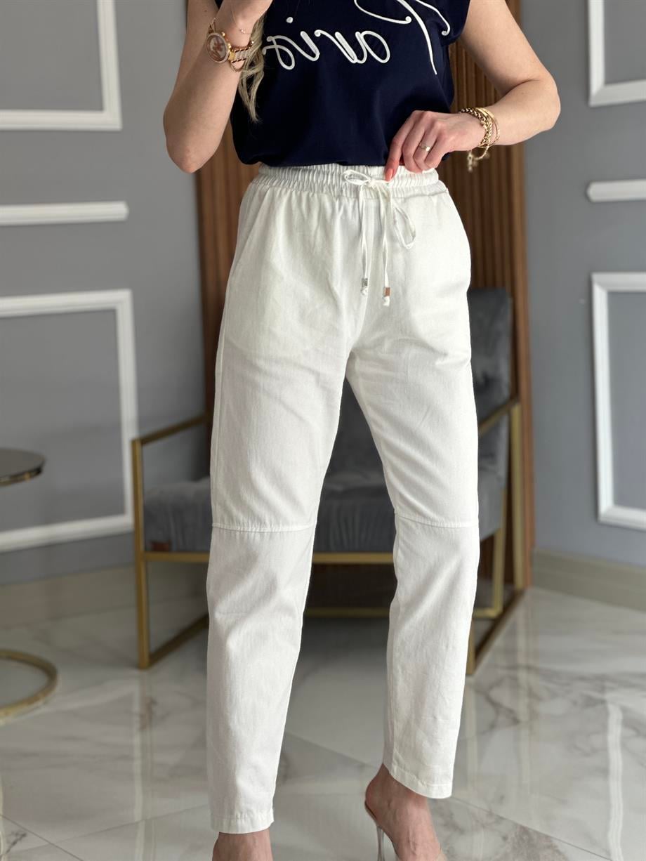 Gabardin Cimalı Pantolon Beyaz 