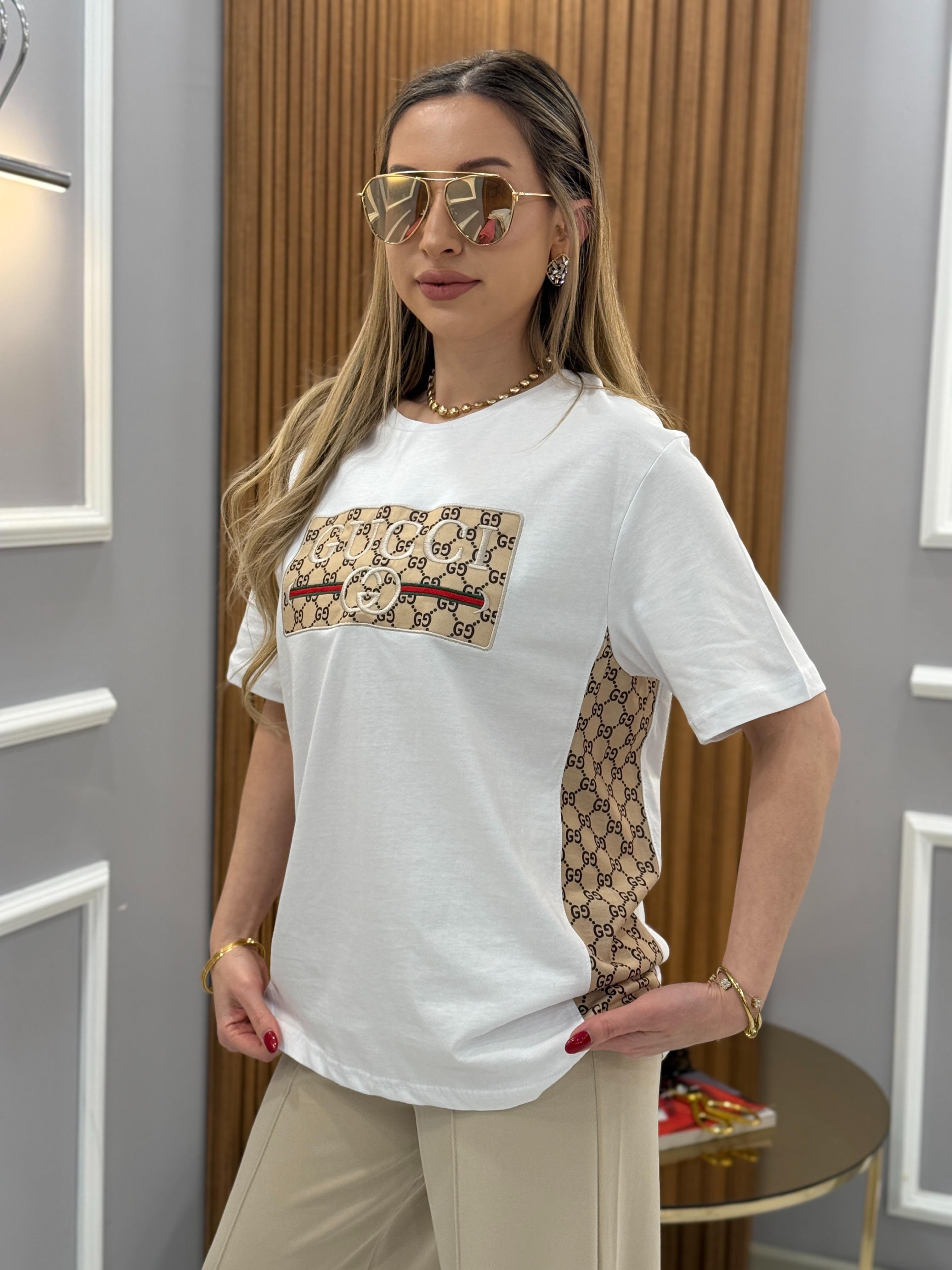 Gc Yazılı Desenli Tişört Beyaz