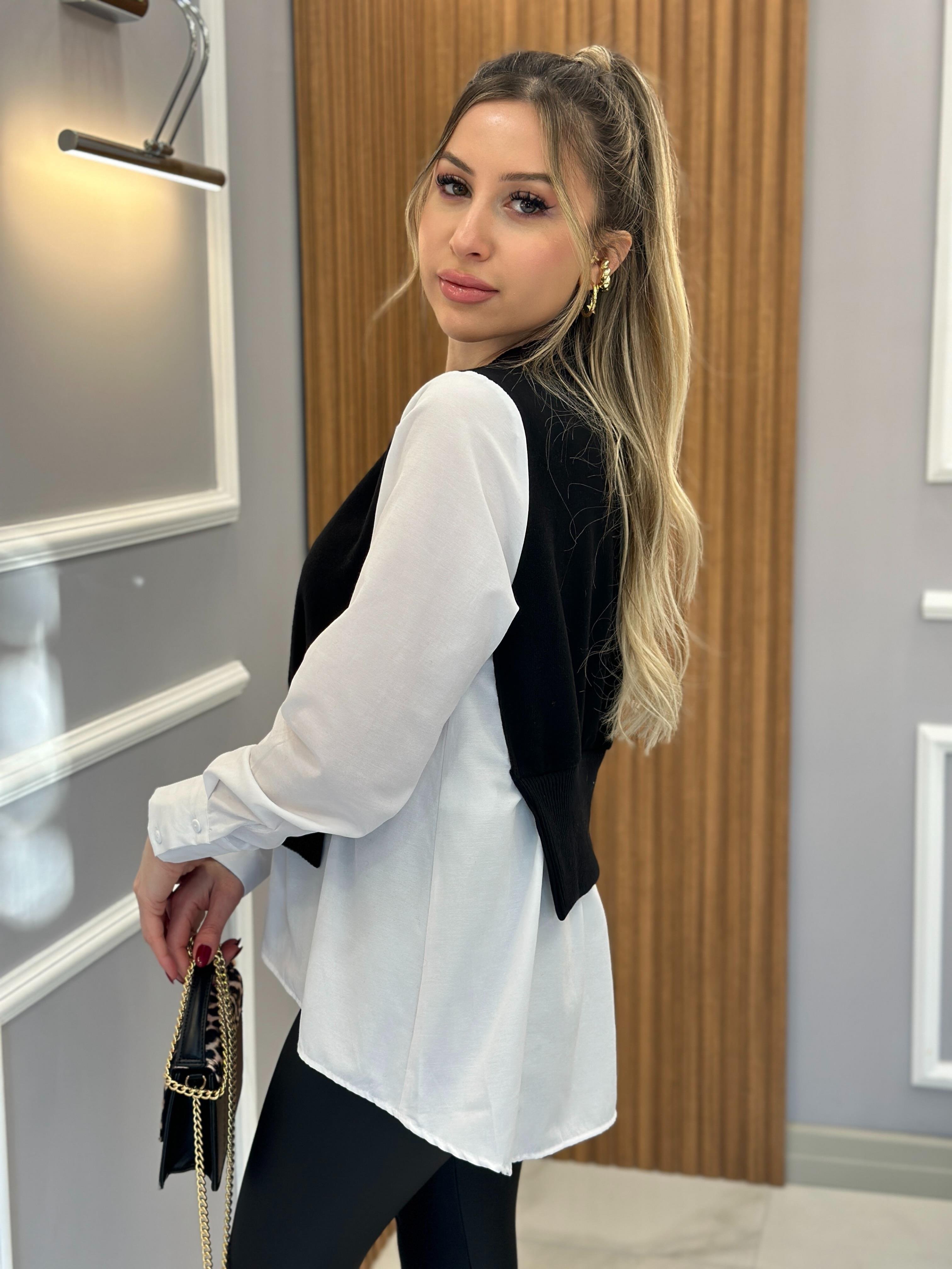 Gömlek Detaylı Süveter Siyah Beyaz Mix