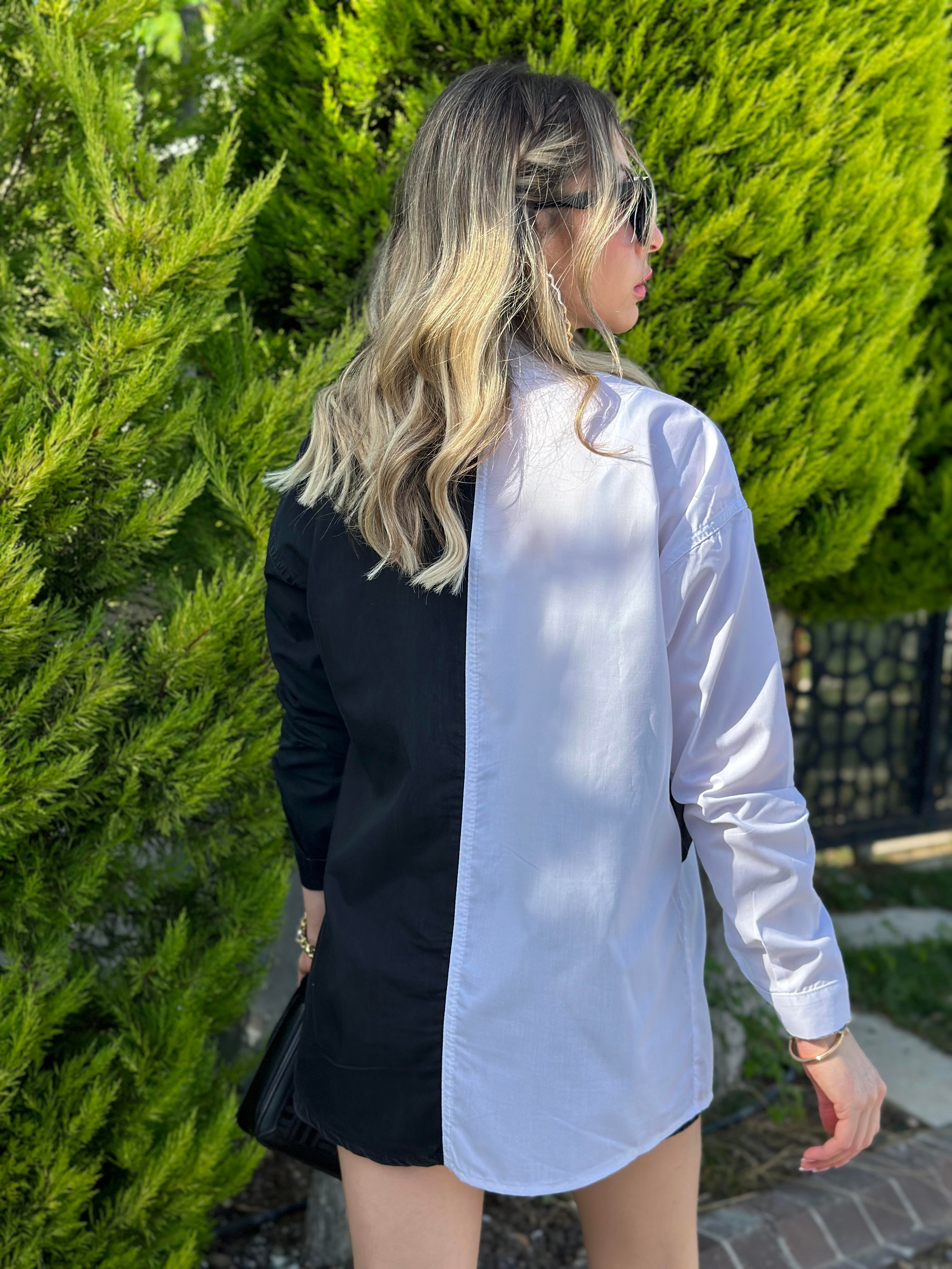 Gömlek Jeans Detaylı Çift Renk Siyah-Beyaz