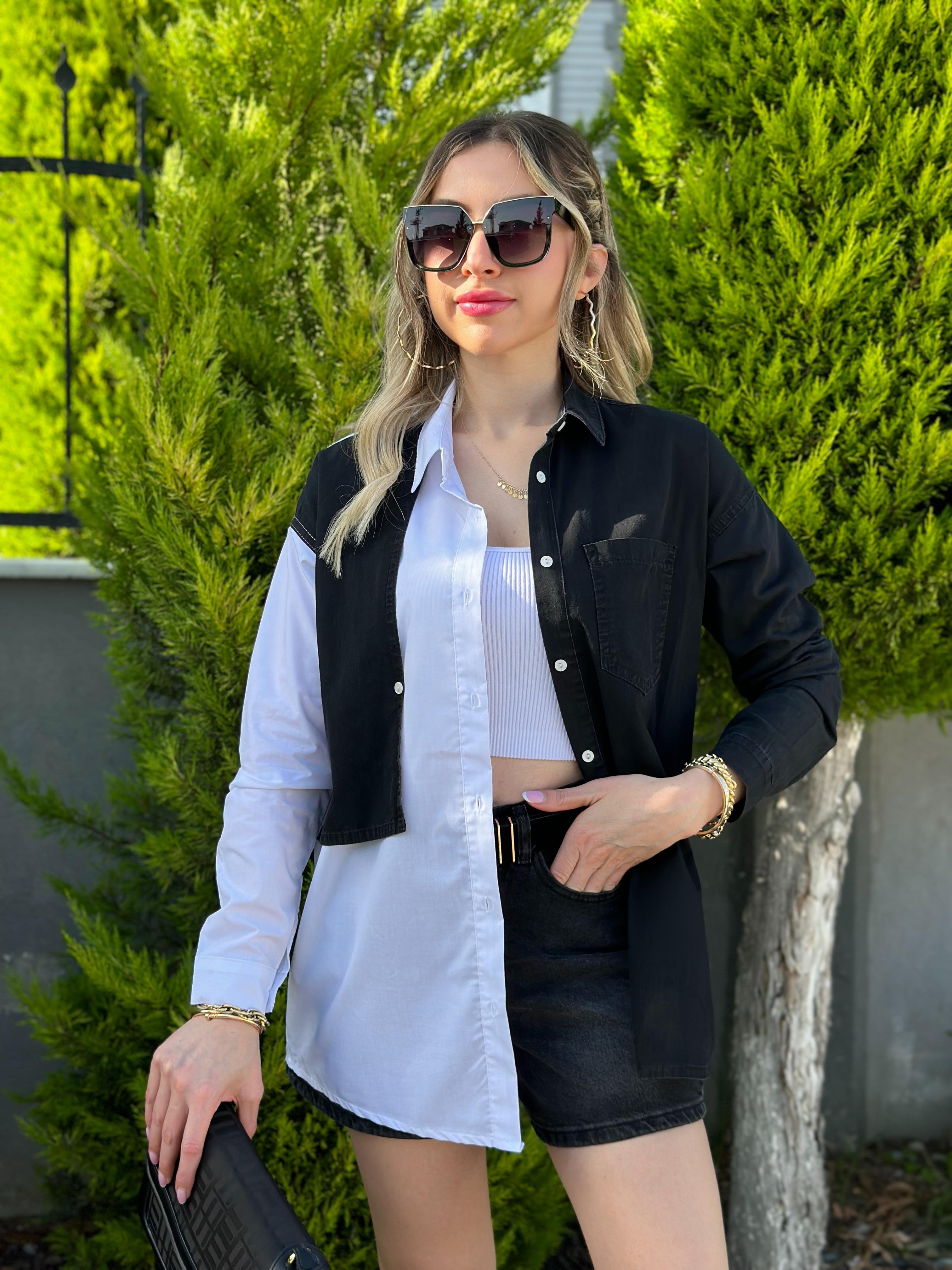 Gömlek Jeans Detaylı Çift Renk Siyah-Beyaz