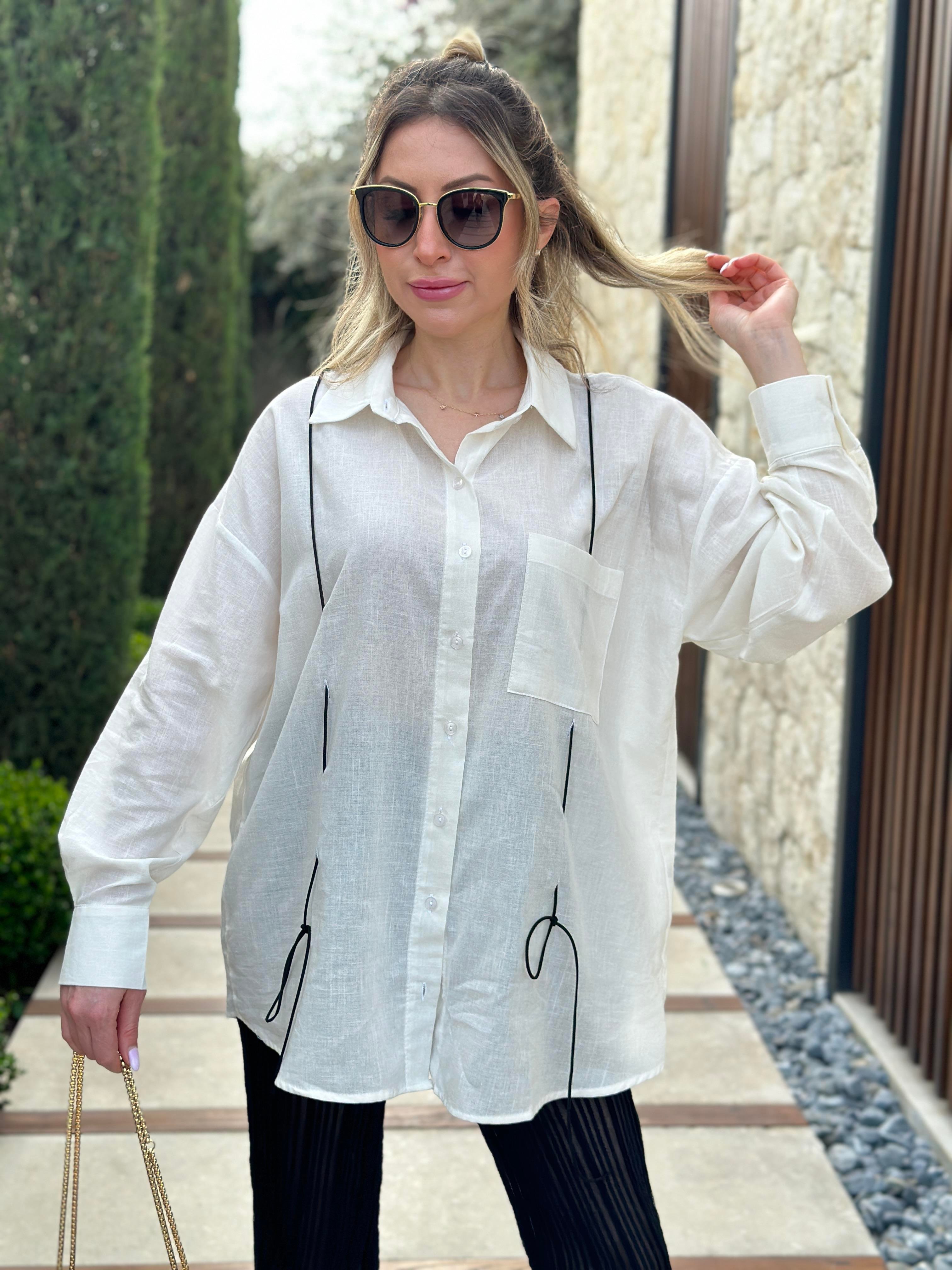 Gömlek Naturel Keten Detaylı Ekru