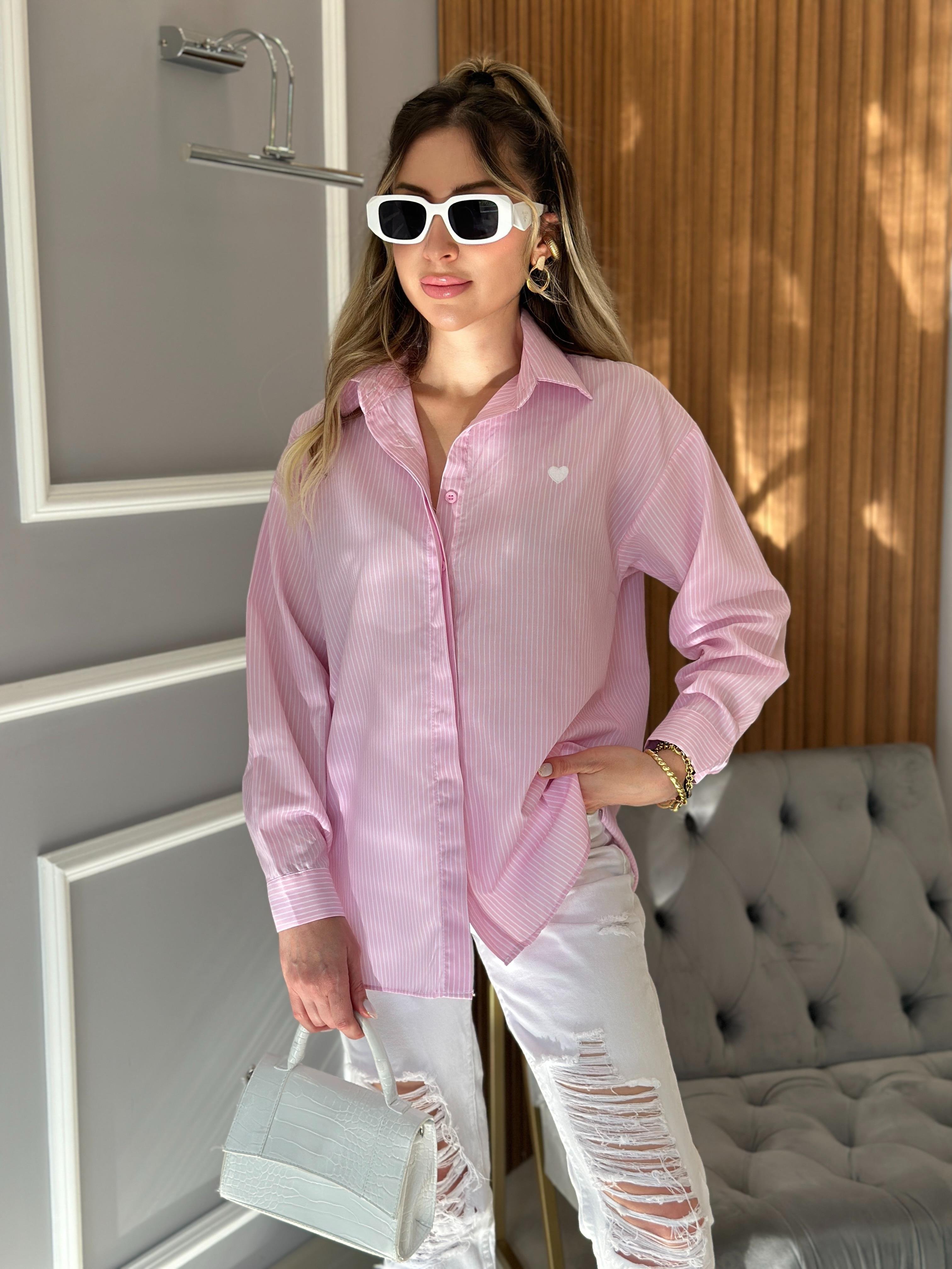 Gömlek Oversize Kalpli Çizgili Pembe