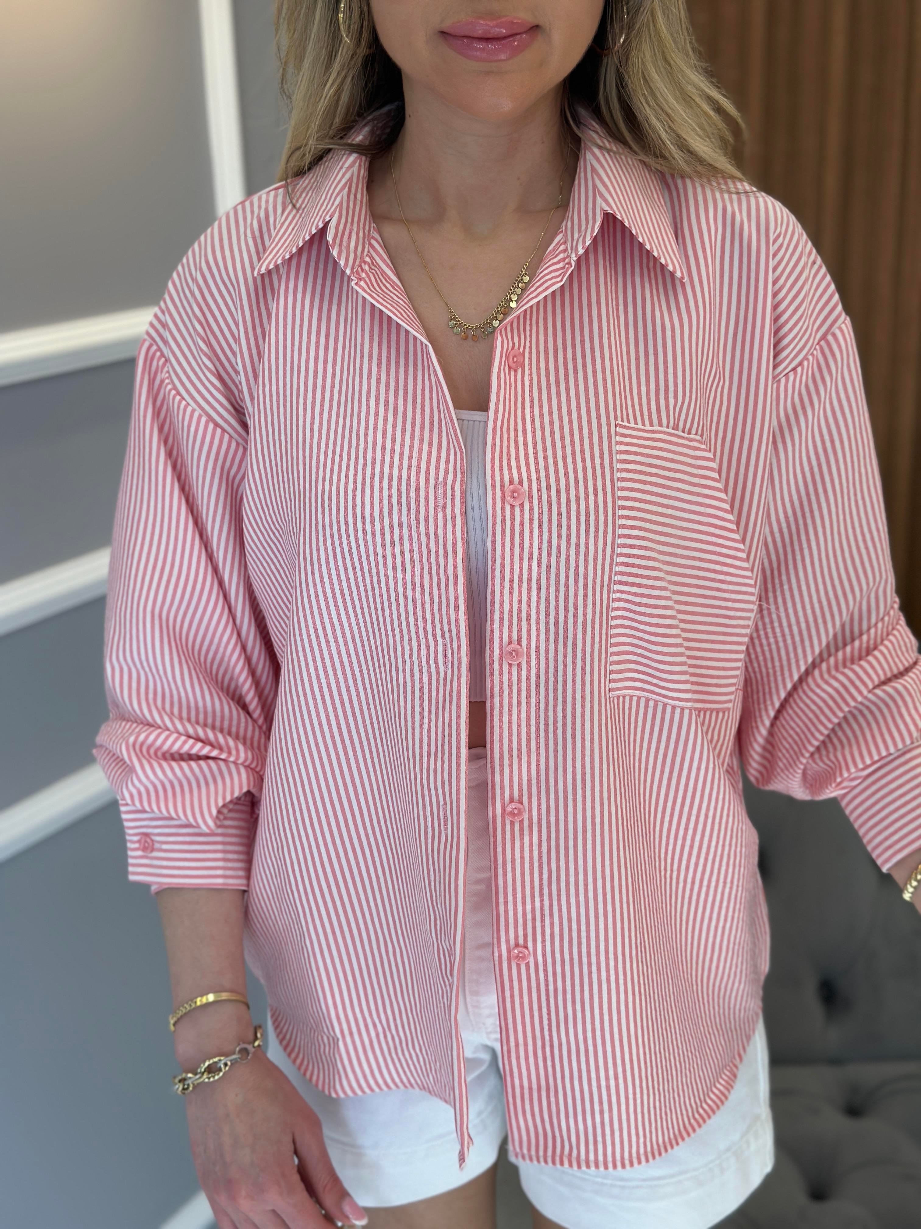 Gömlek Sırt Detaylı Çizgili Pembe