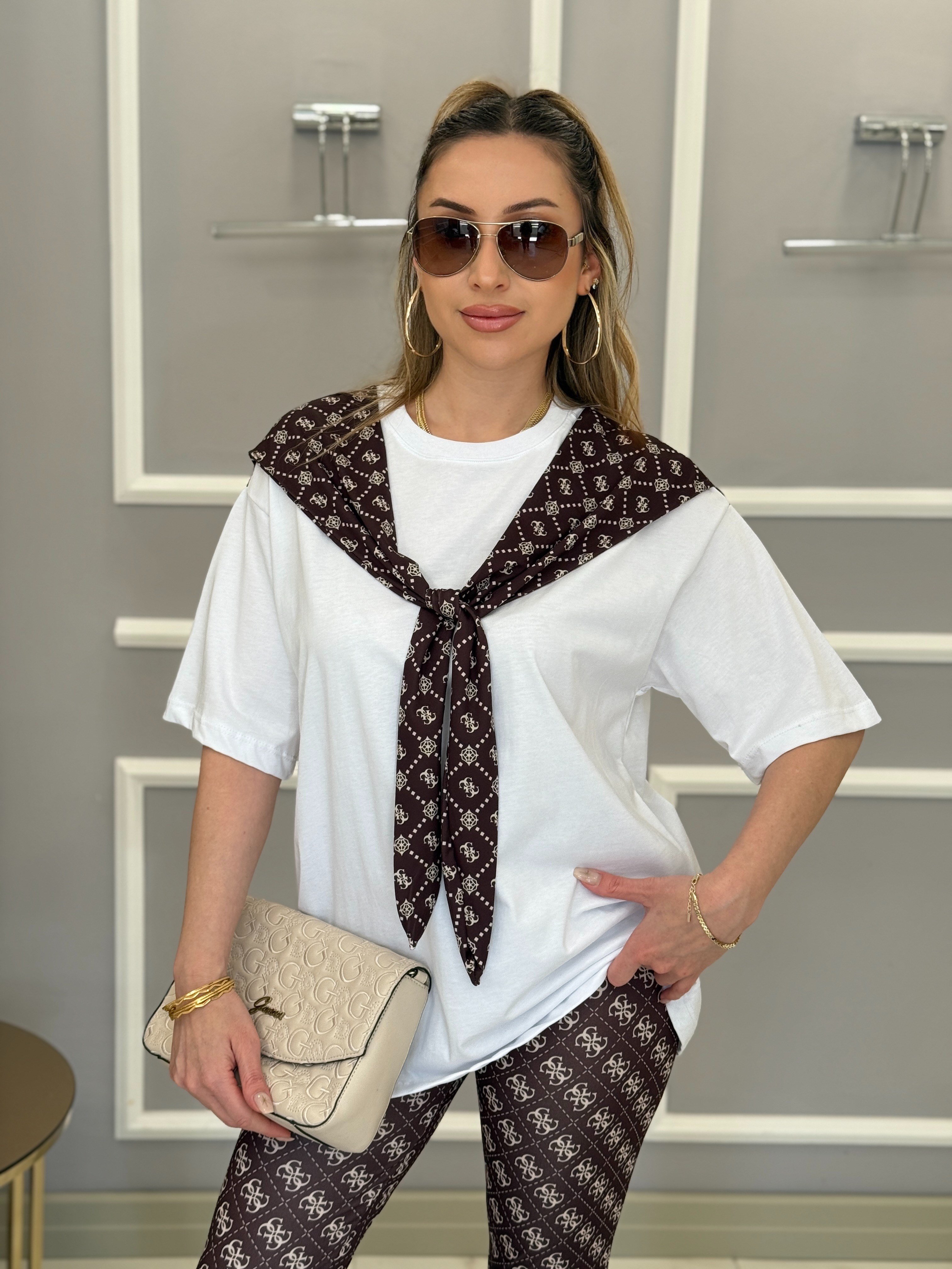 Gu Fularlı Oversize Tişört Kahverengi