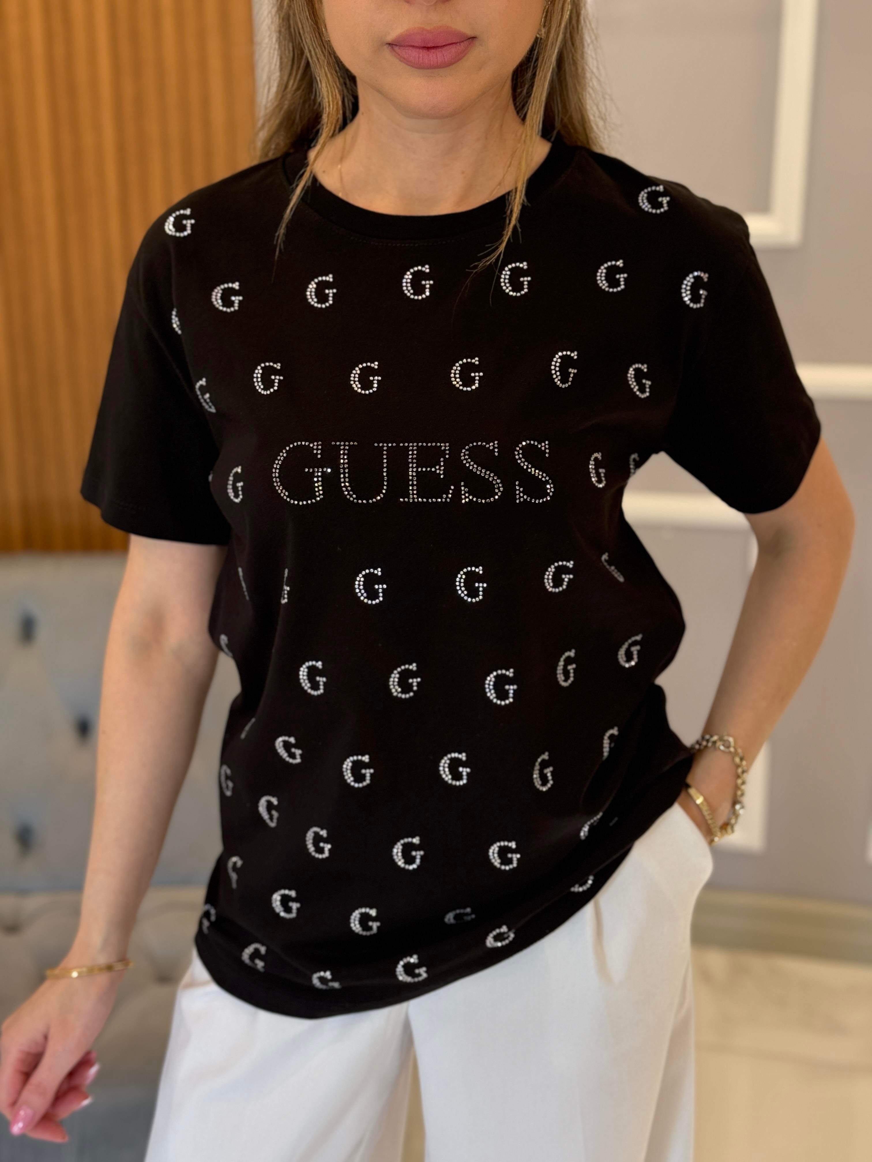 Gu Harf Taşlı Premium Tişört Siyah