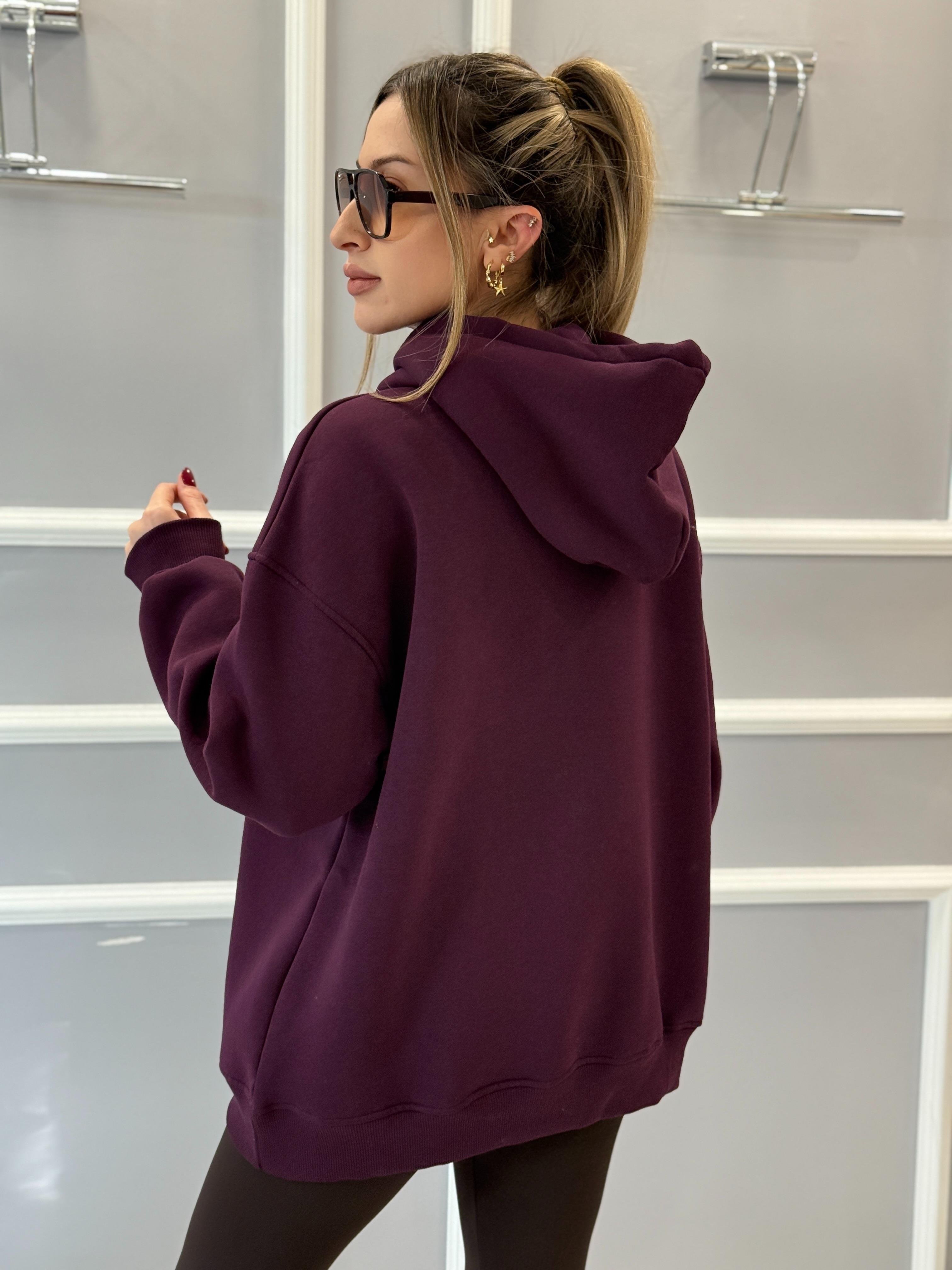Gu Kapşonlu Kabartma Yazılı  Mürdüm Sweatshirt