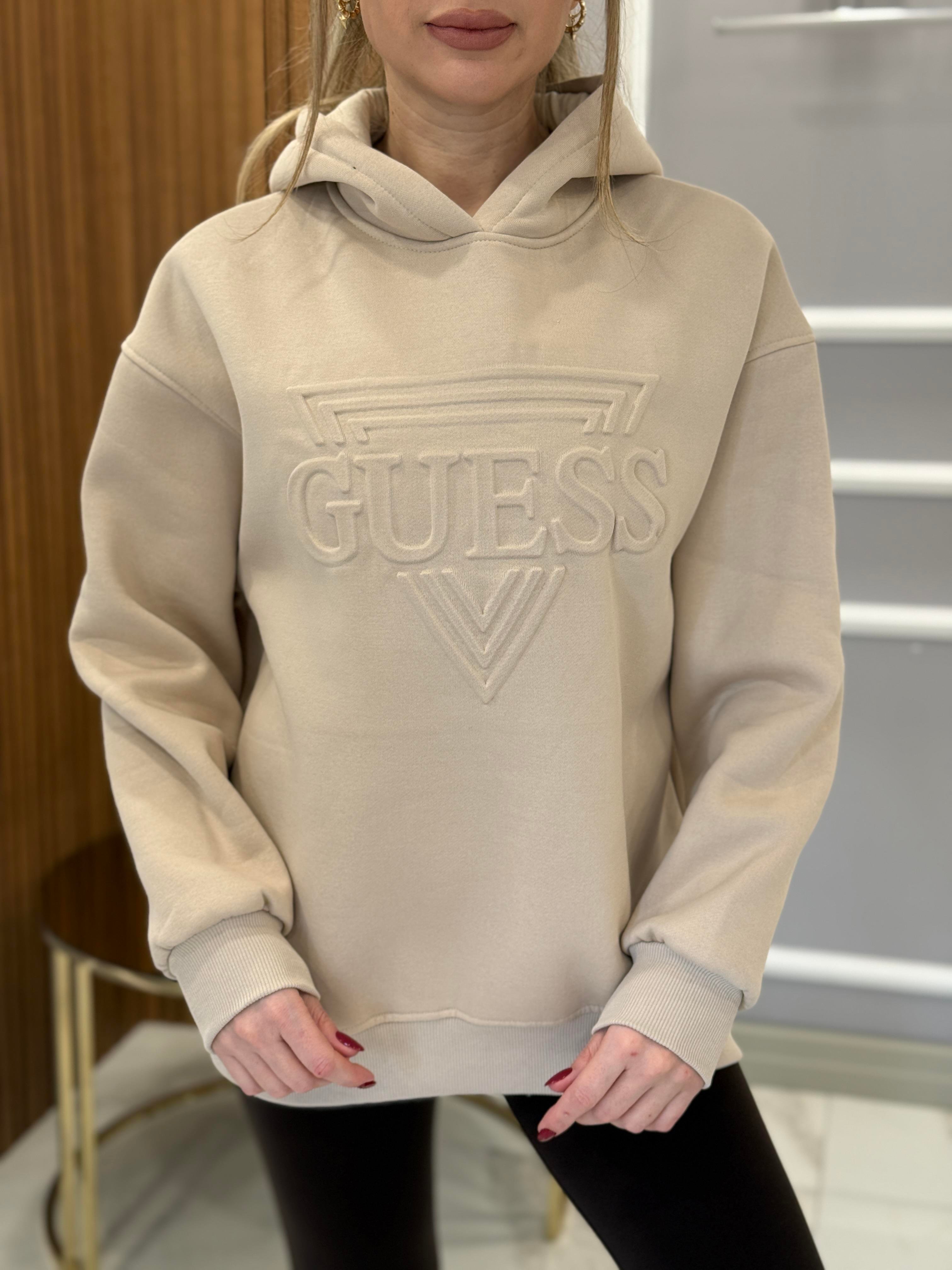 Gu Kapşonlu Kabartma Yazılı Vizon Sweatshirt