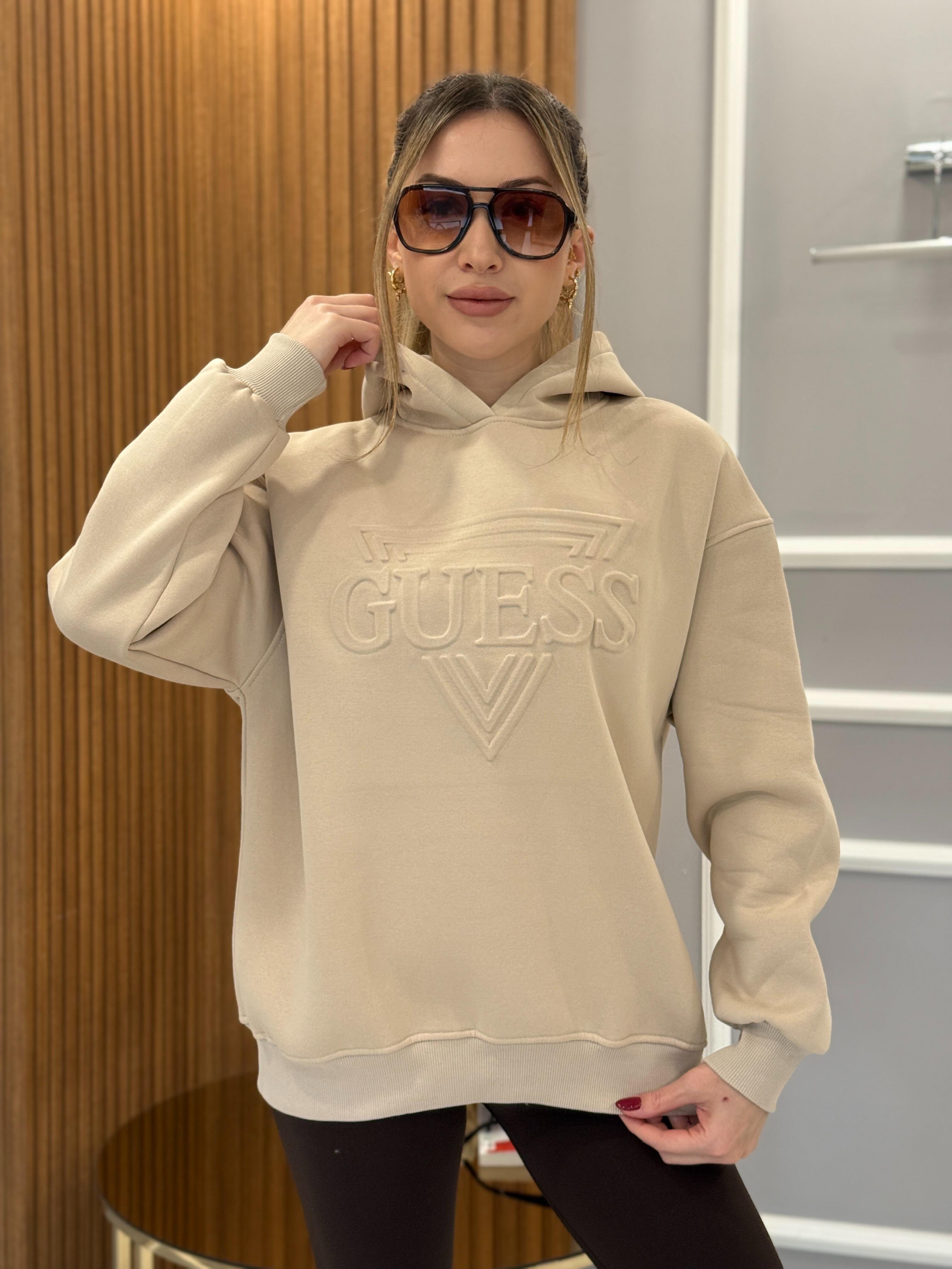 Gu Kapşonlu Kabartma Yazılı Vizon Sweatshirt