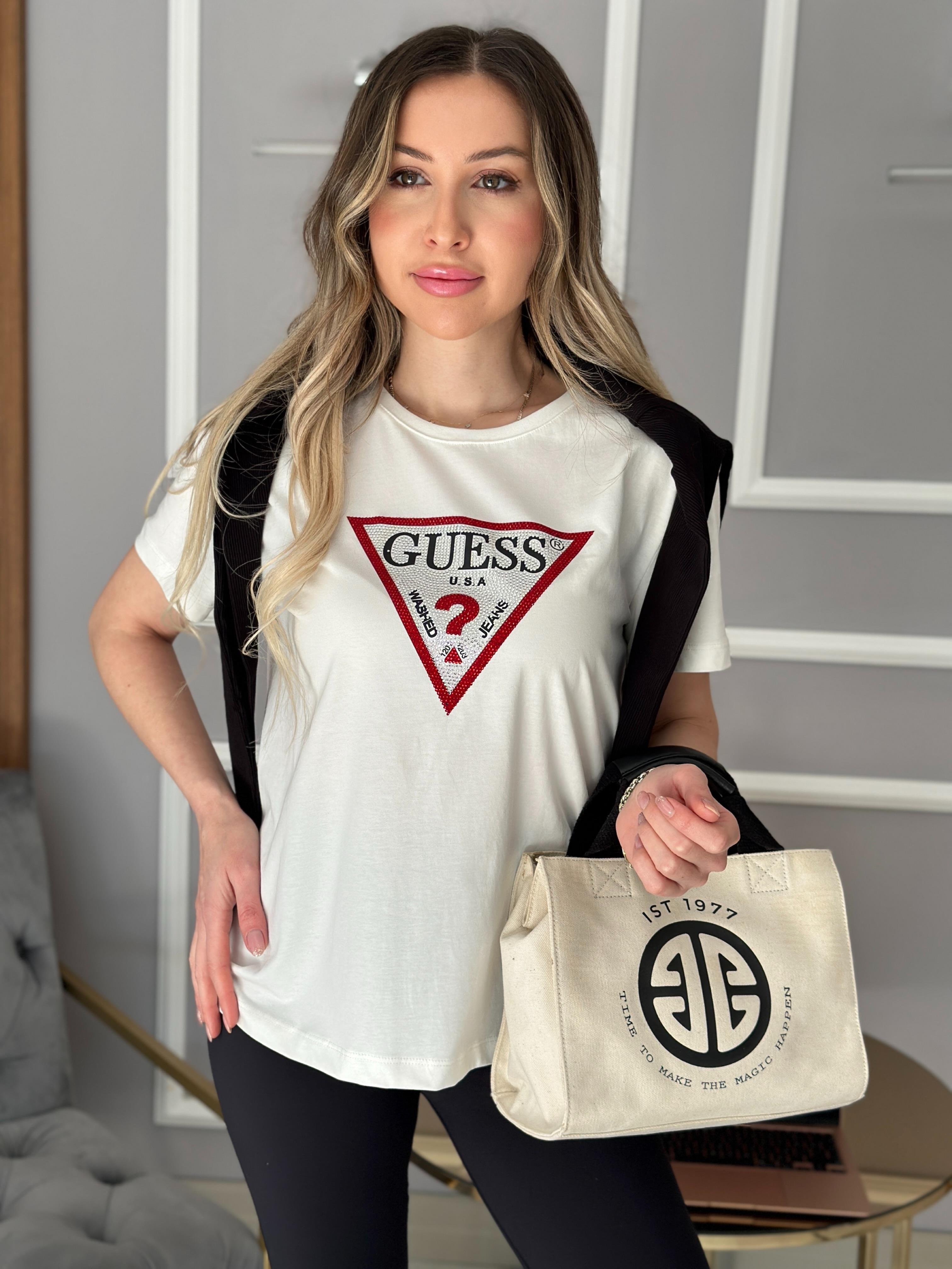 Gu Kırmızı Silver Taş Detaylı  Ekru T-shirt