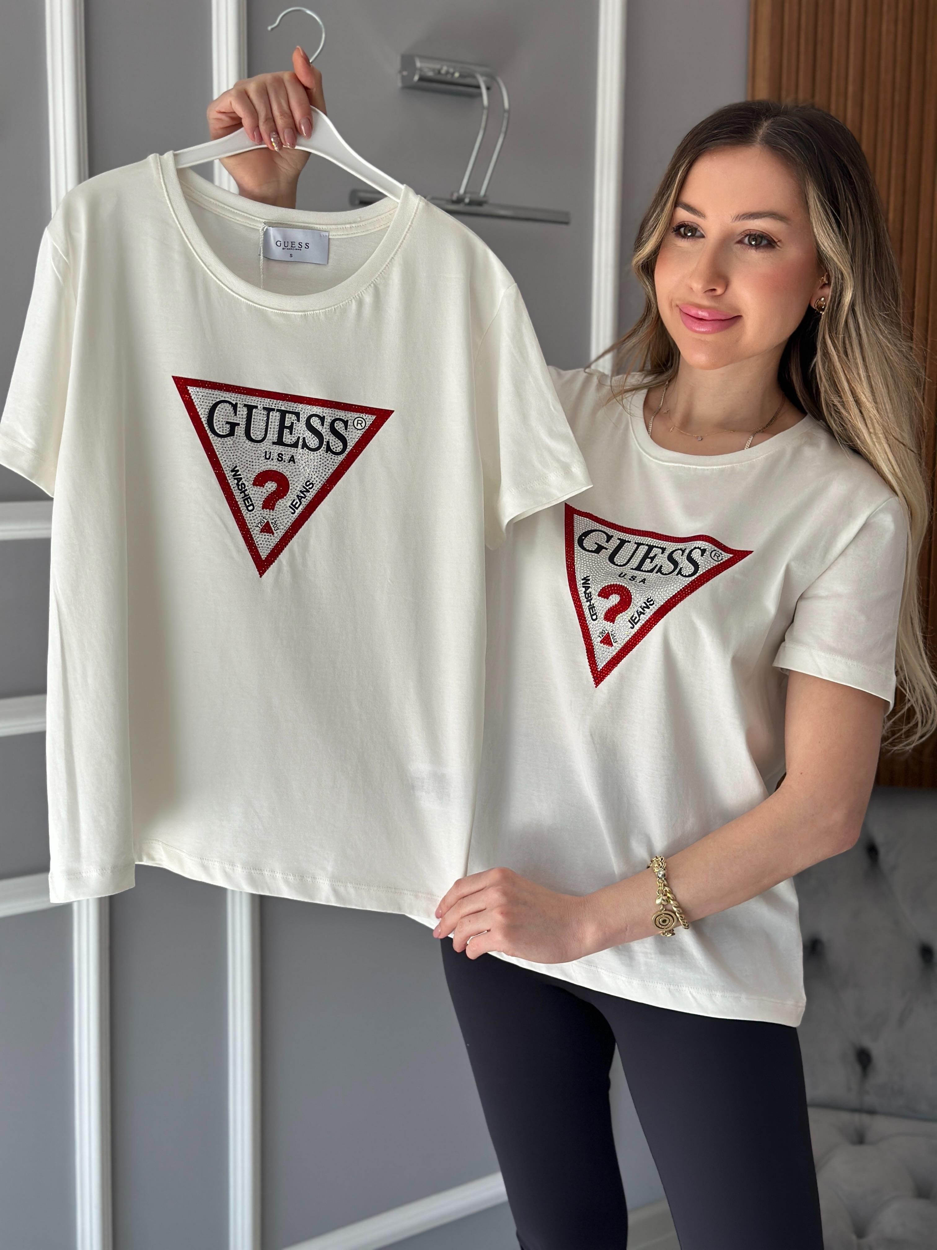 Gu Kırmızı Silver Taş Detaylı  Ekru T-shirt