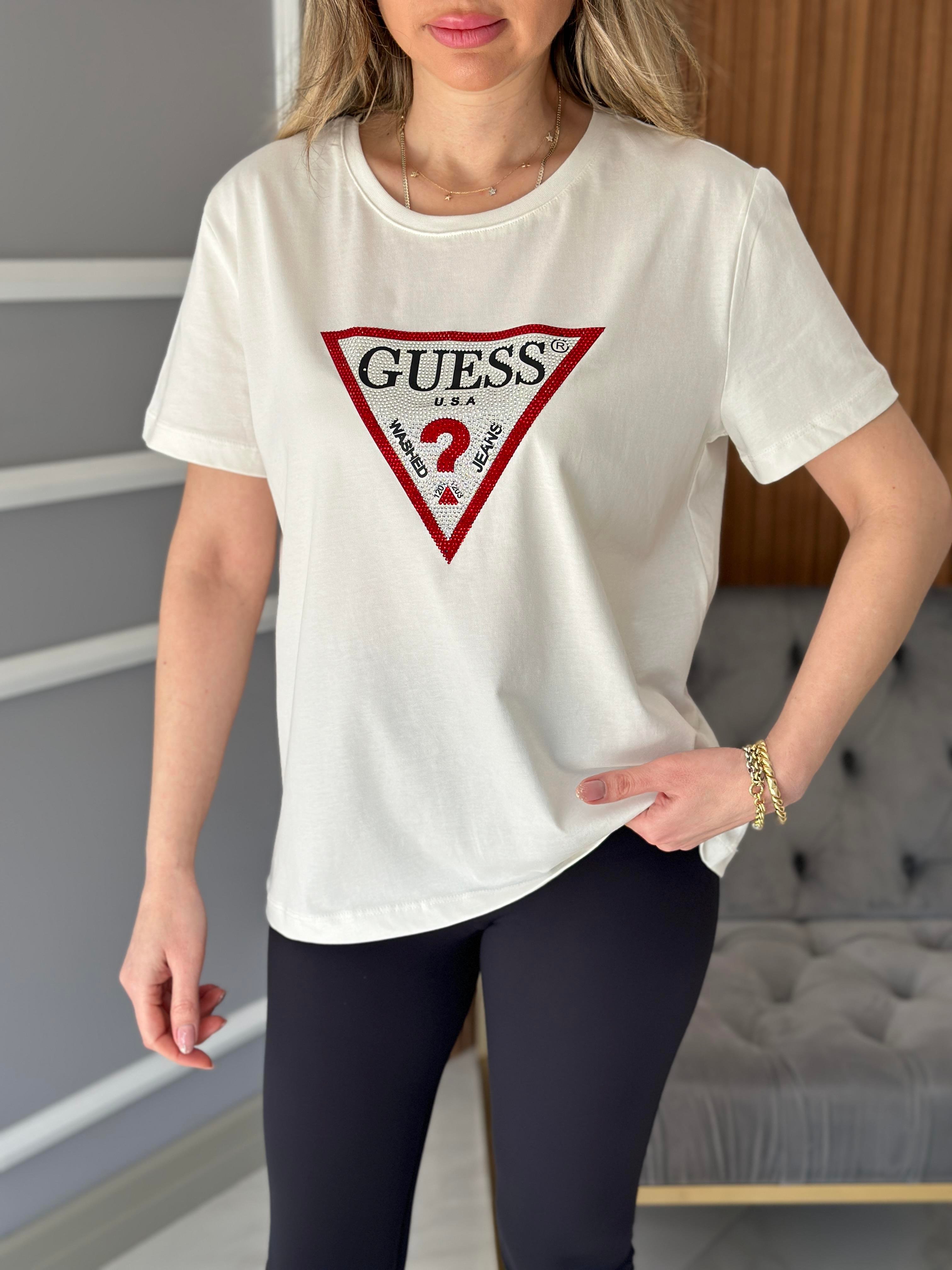 Gu Kırmızı Silver Taş Detaylı  Ekru T-shirt