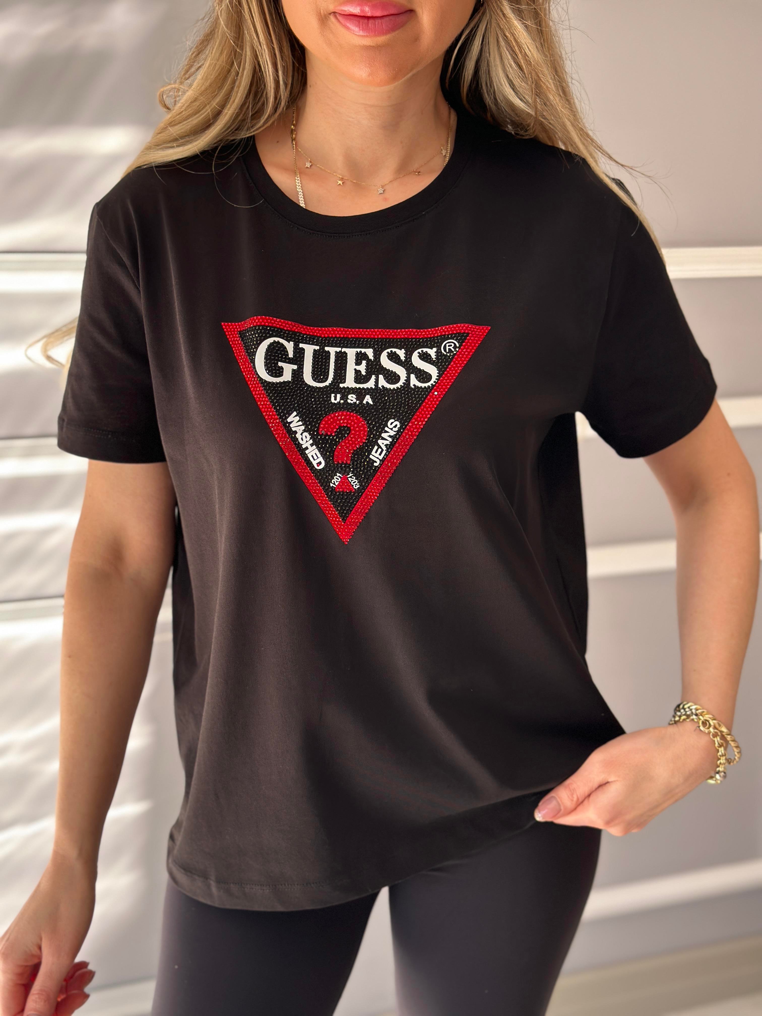 Gu Kırmızı Silver Taş Detaylı Siyah T-shirt