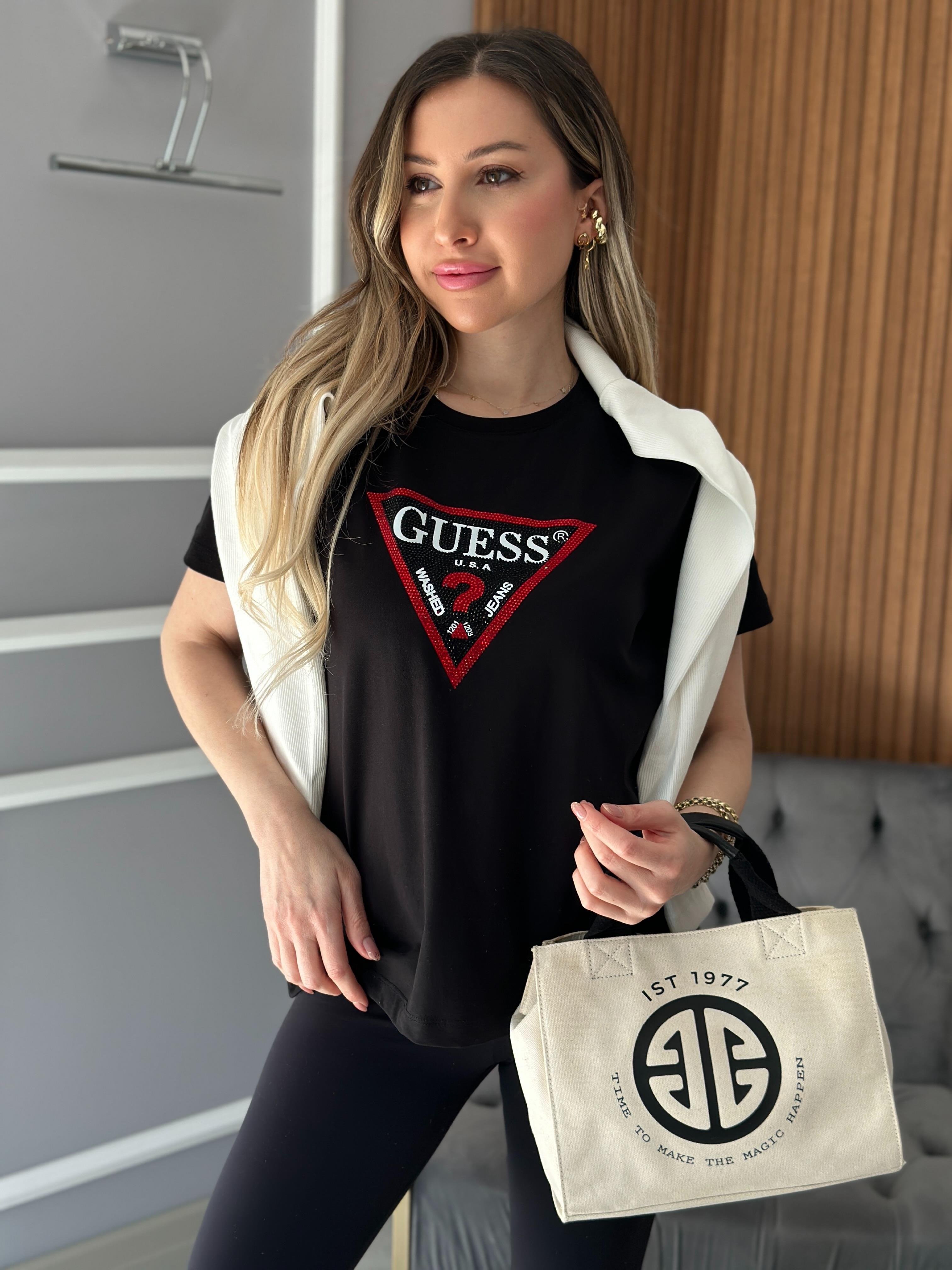 Gu Kırmızı Silver Taş Detaylı Siyah T-shirt